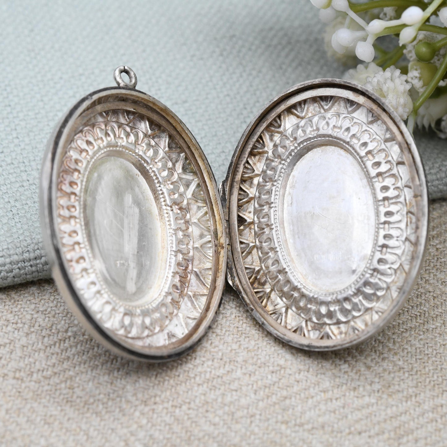 Antique Victorian Sterling Silver Locket 1890 with Hand Engraved Flower Design - Ornate Border Large Oval Pendant Hallmarked Solid Silver