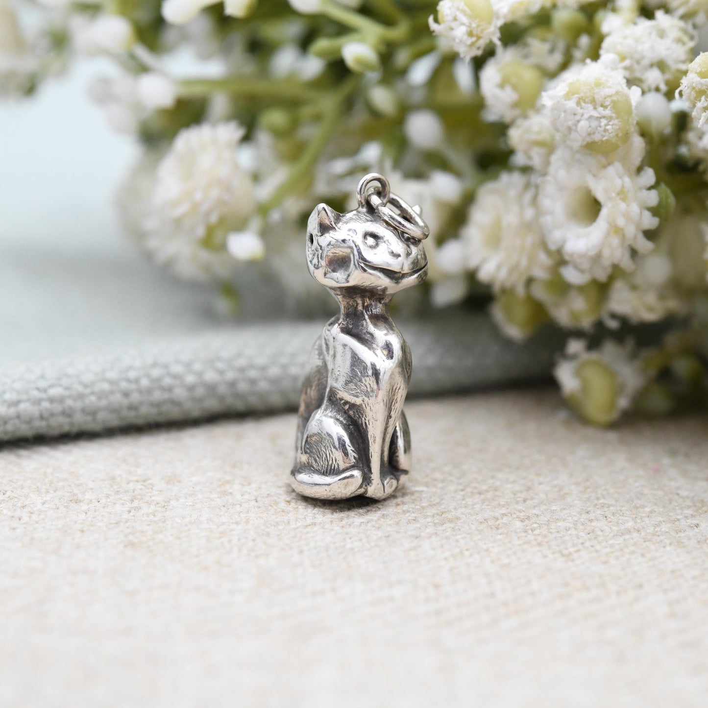 Antique Smiling Cat Charm Pendant Sterling Silver 1909 by William Vale WV&S - Edwardian Good Luck Charm | Sitting Cat Unusual Cheshire Cat