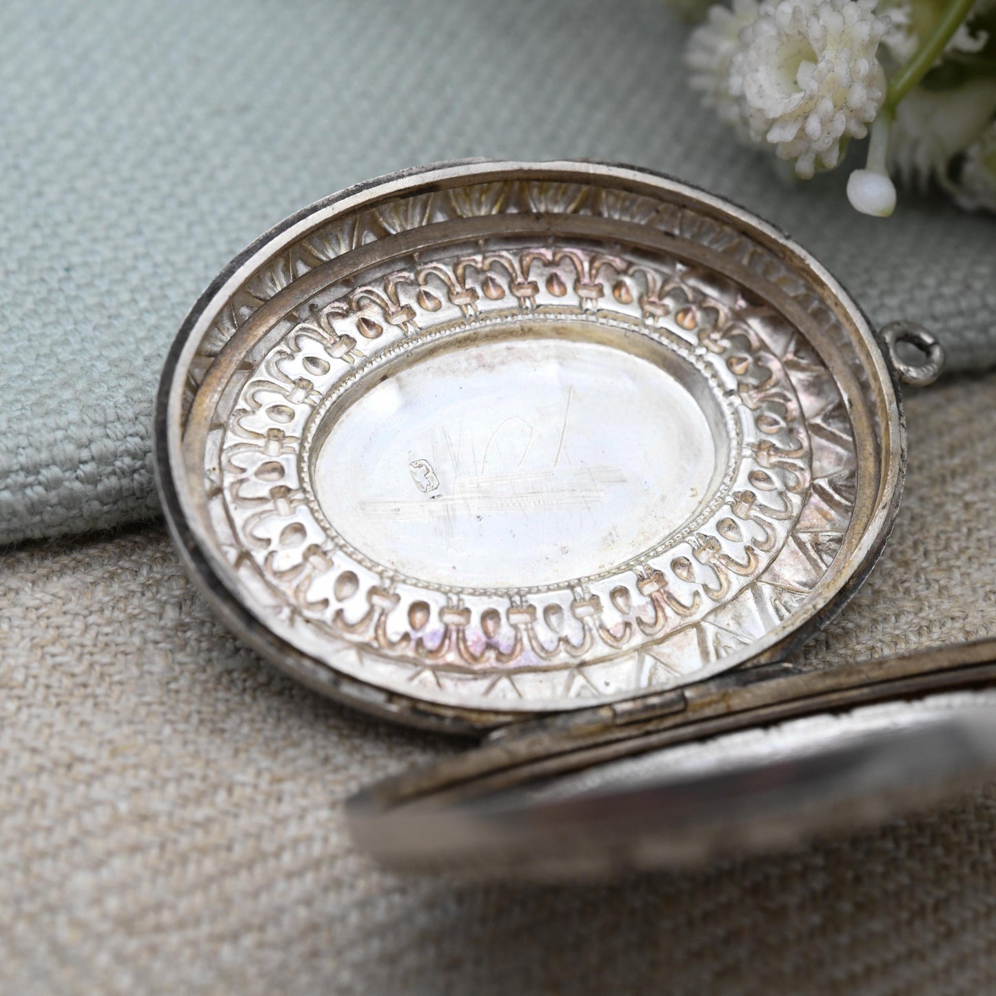 Antique Victorian Sterling Silver Locket 1890 with Hand Engraved Flower Design - Ornate Border Large Oval Pendant Hallmarked Solid Silver
