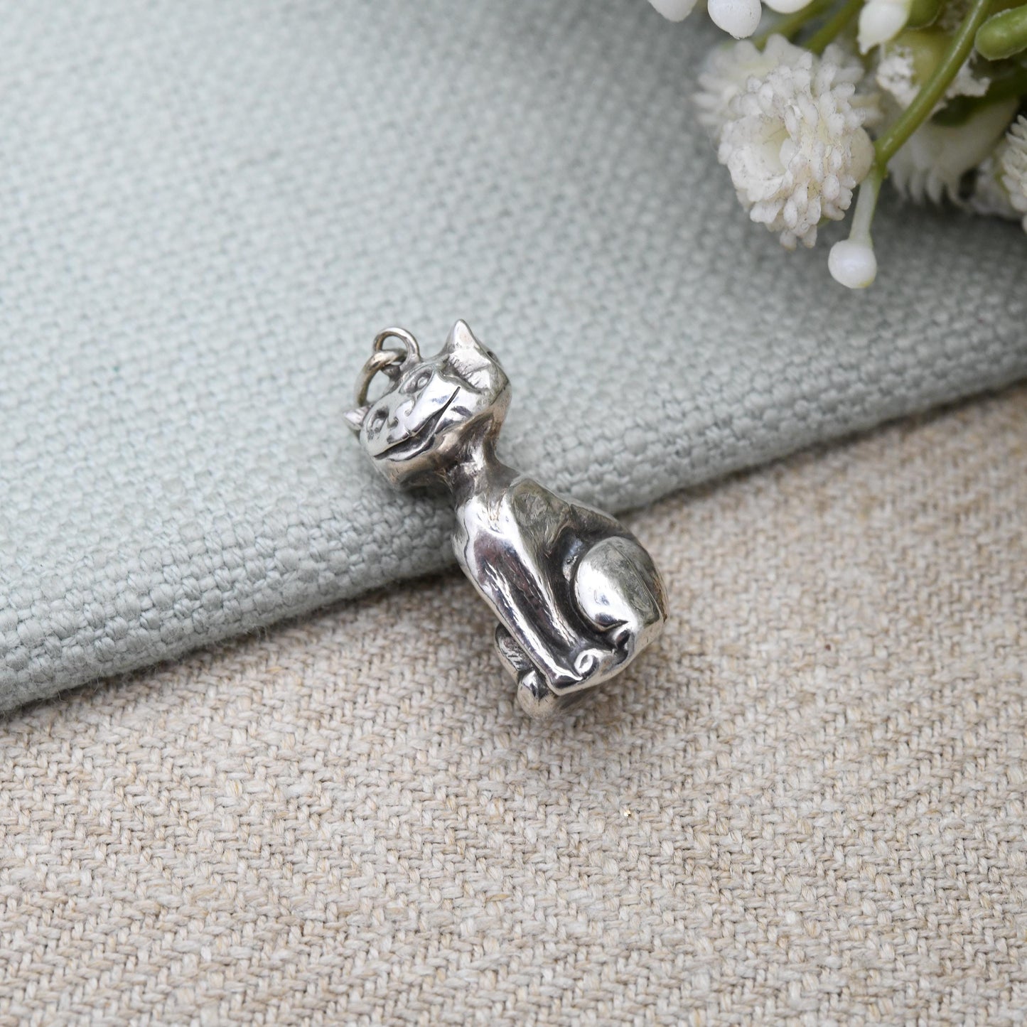 Antique Smiling Cat Charm Pendant Sterling Silver 1909 by William Vale WV&S - Edwardian Good Luck Charm | Sitting Cat Unusual Cheshire Cat