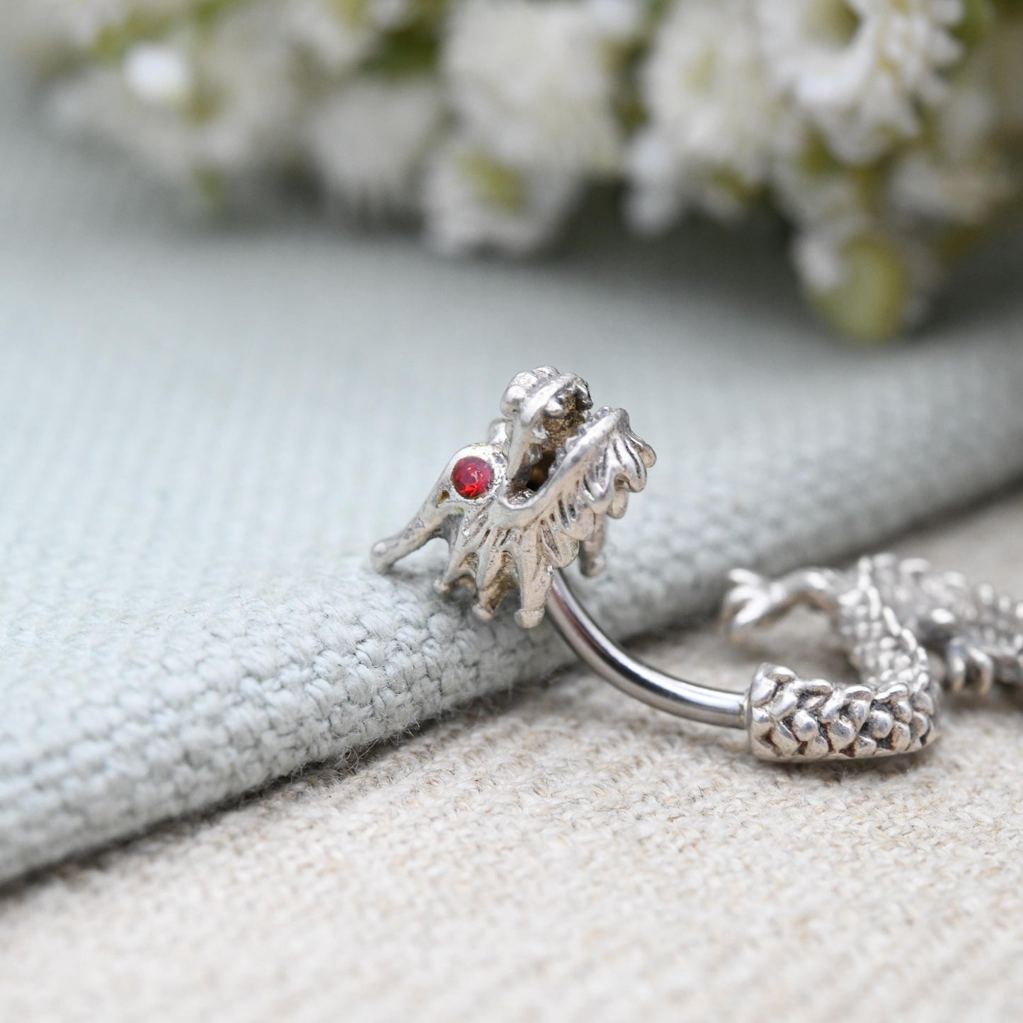 Sterling Silver Dragon Belly Bar with Red Eyes - Stainless Steel Bar | Split Chinese Dragon Design | Textured Scales Wyvern