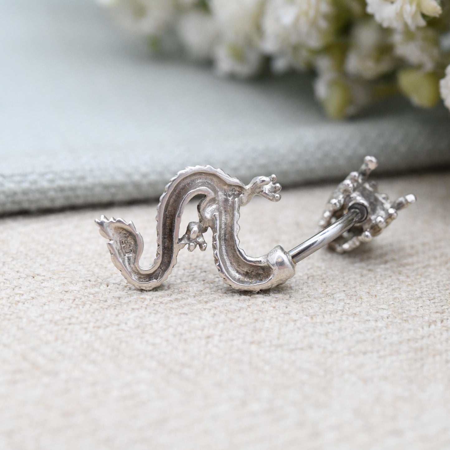 Sterling Silver Dragon Belly Bar with Red Eyes - Stainless Steel Bar | Split Chinese Dragon Design | Textured Scales Wyvern