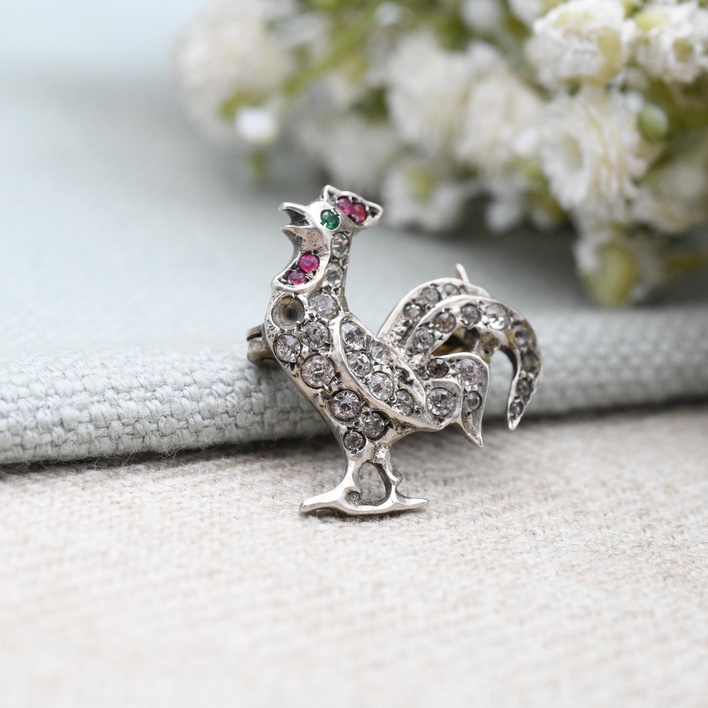 Antique Silver Paste Cockerel Brooch c. 1910s - 800 European Silver Novelty Animal Jewellery | Edwardian Rooster Brooch | Sparkly Stones