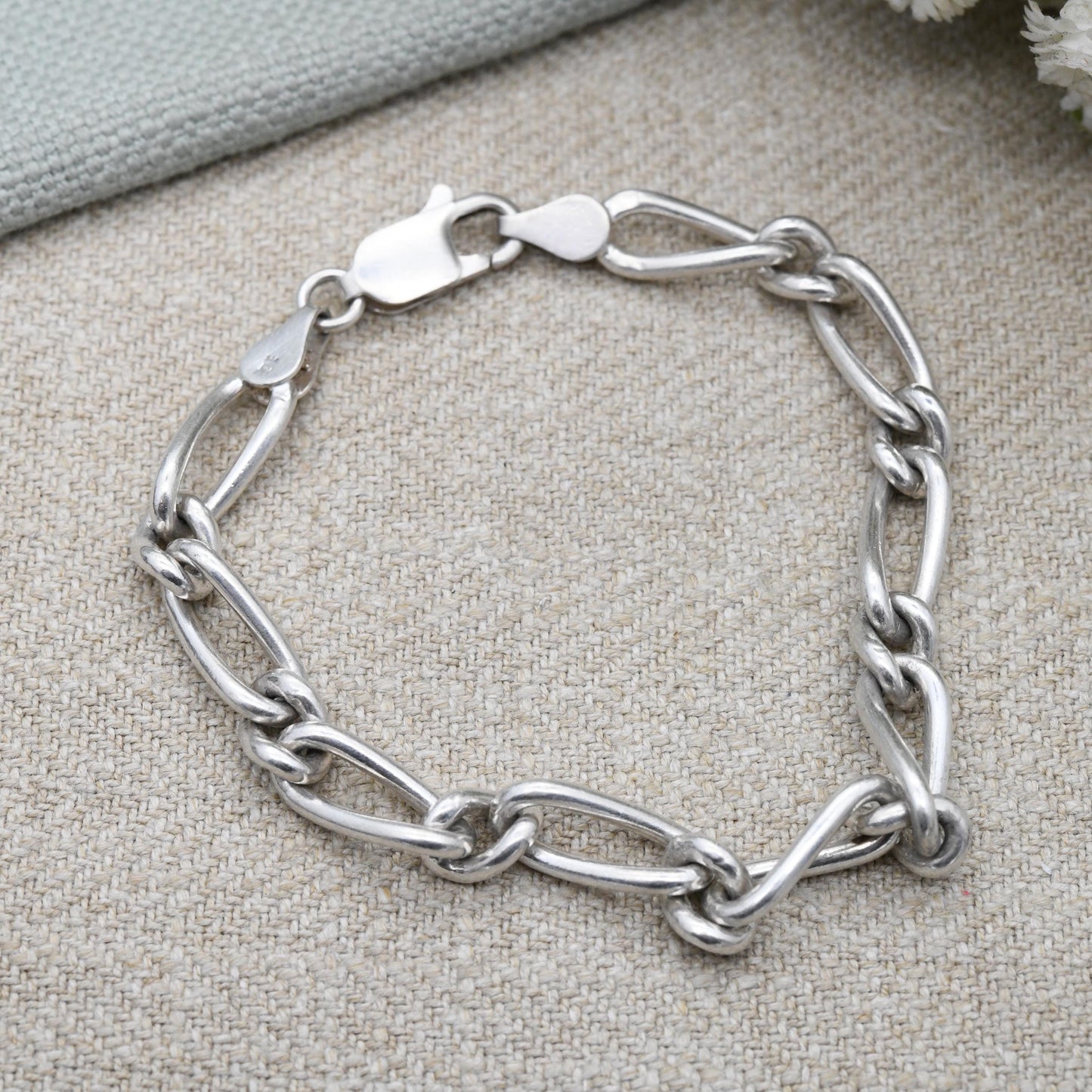 Vintage Sterling Silver Chain Bracelet with Rounded Curb Links Trombone Style c. 2000 - Unisex Solid Silver Jewellery | Empty Charm Bracelet