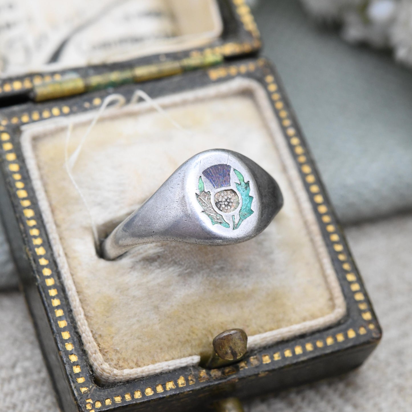 Antique Charles Horner Sterling Silver Enamel Thistle Signet Ring - Purple Scotland National Flower | Small UK Size - K | US Size - 5 1/4