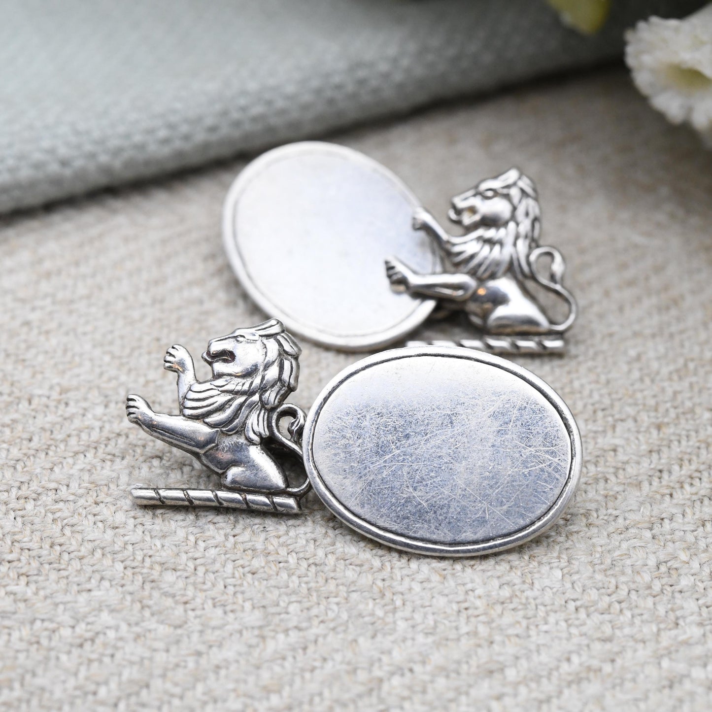 True Vintage Sterling Silver Lion Chain Style Cufflinks - Scottish Lion Rampant Textured Design Antique Gift for Son Brother Graduation Day