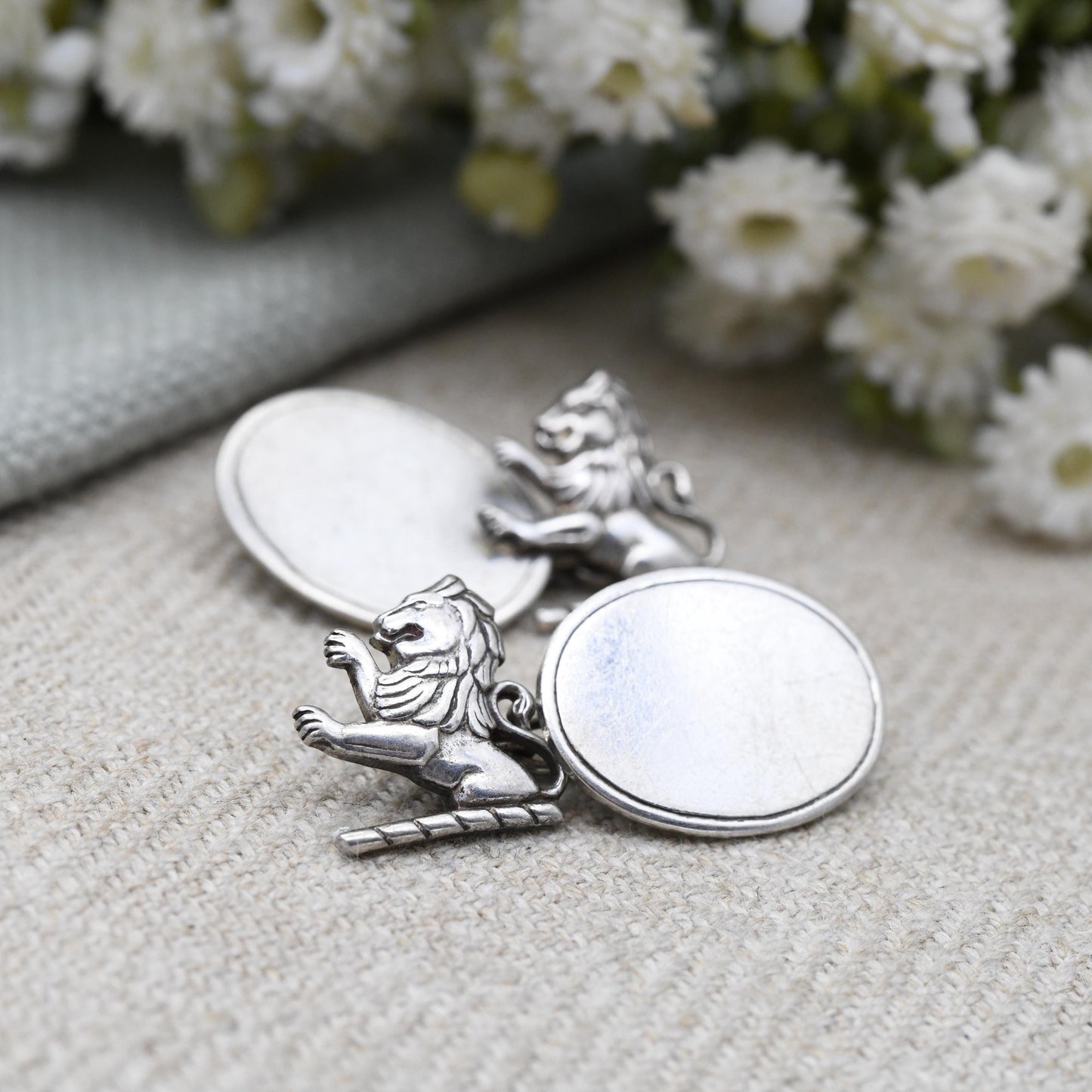 True Vintage Sterling Silver Lion Chain Style Cufflinks - Scottish Lion Rampant Textured Design Antique Gift for Son Brother Graduation Day