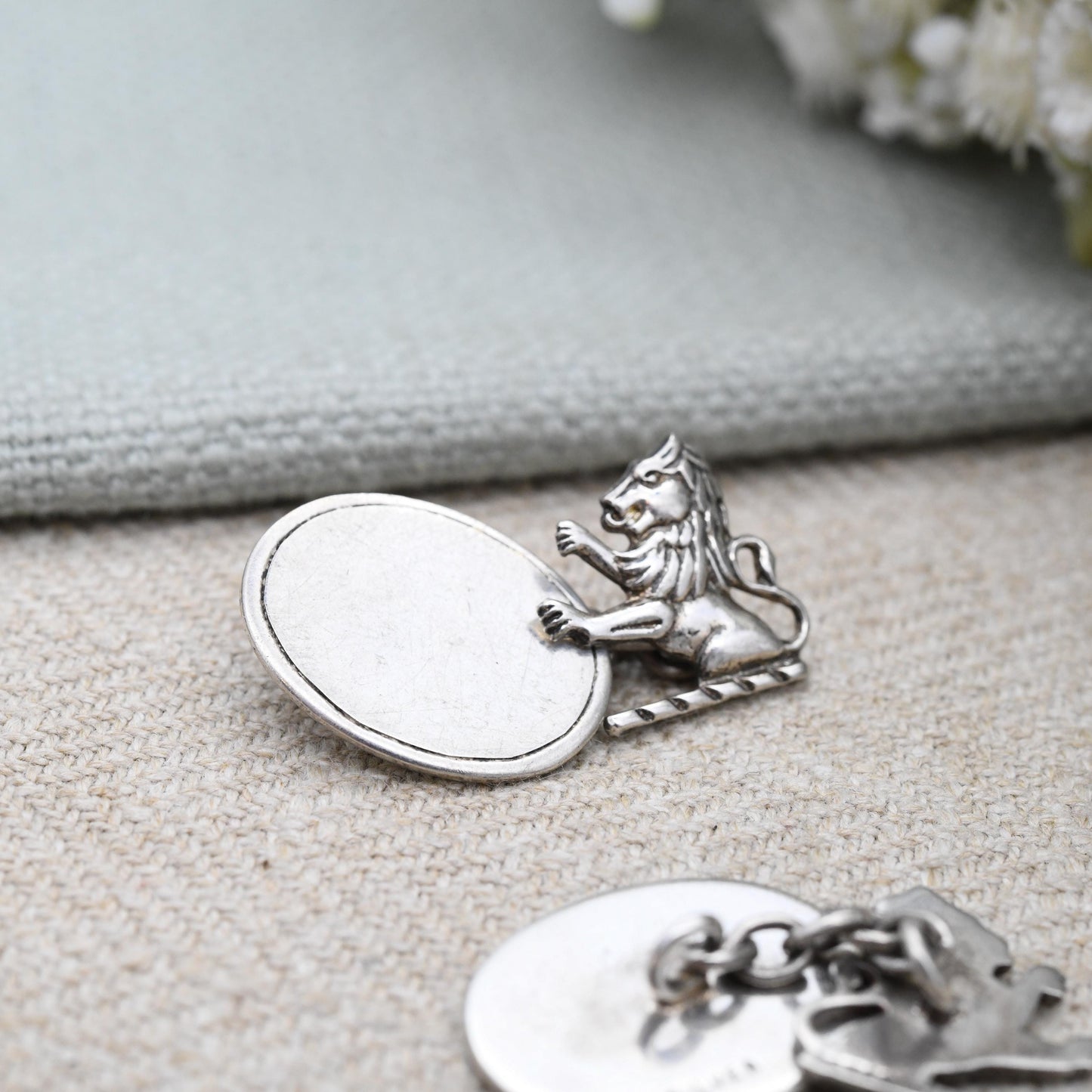 True Vintage Sterling Silver Lion Chain Style Cufflinks - Scottish Lion Rampant Textured Design Antique Gift for Son Brother Graduation Day