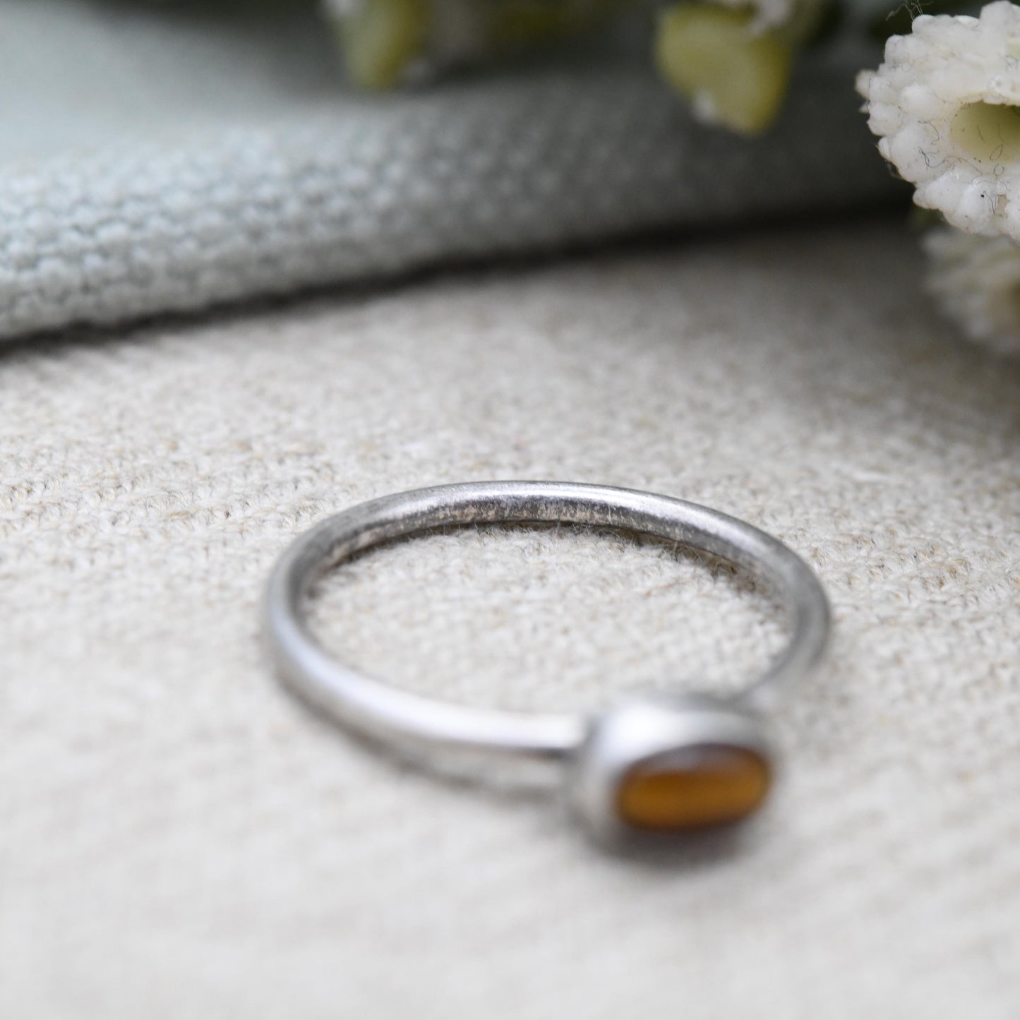 Vintage Sterling Silver Tiger's Eye Ring NXB 925S - Small Oval Cabochon Brown Gemstone | Stacking Ring | UK Size - M | US Size - 6 1/4