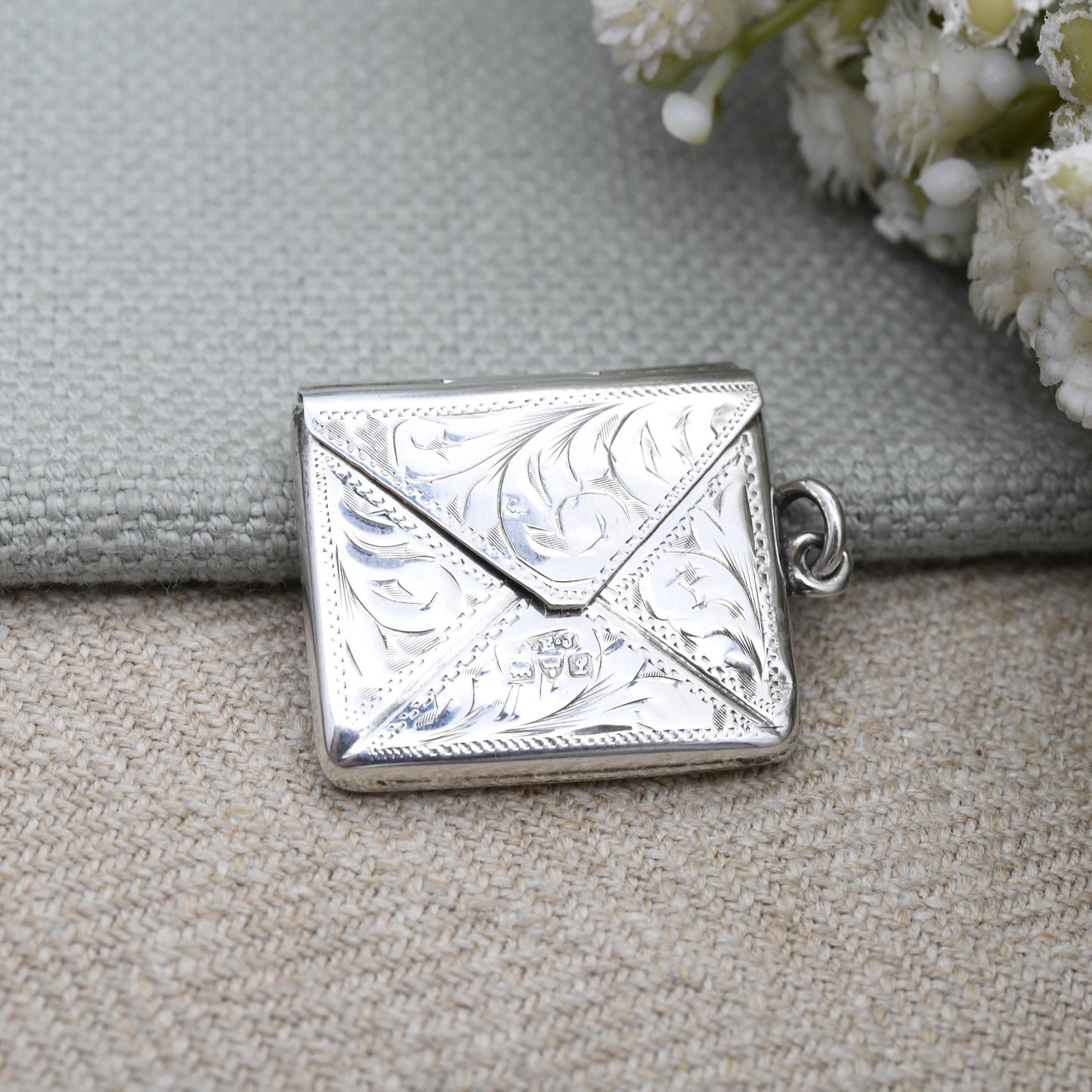 Antique Edwardian Sterling Silver Stamp Case Pendant 1911 by Albert Ernest Jenkins AEJ - Engraved Opening Envelope Shape | Chester Hallmarks