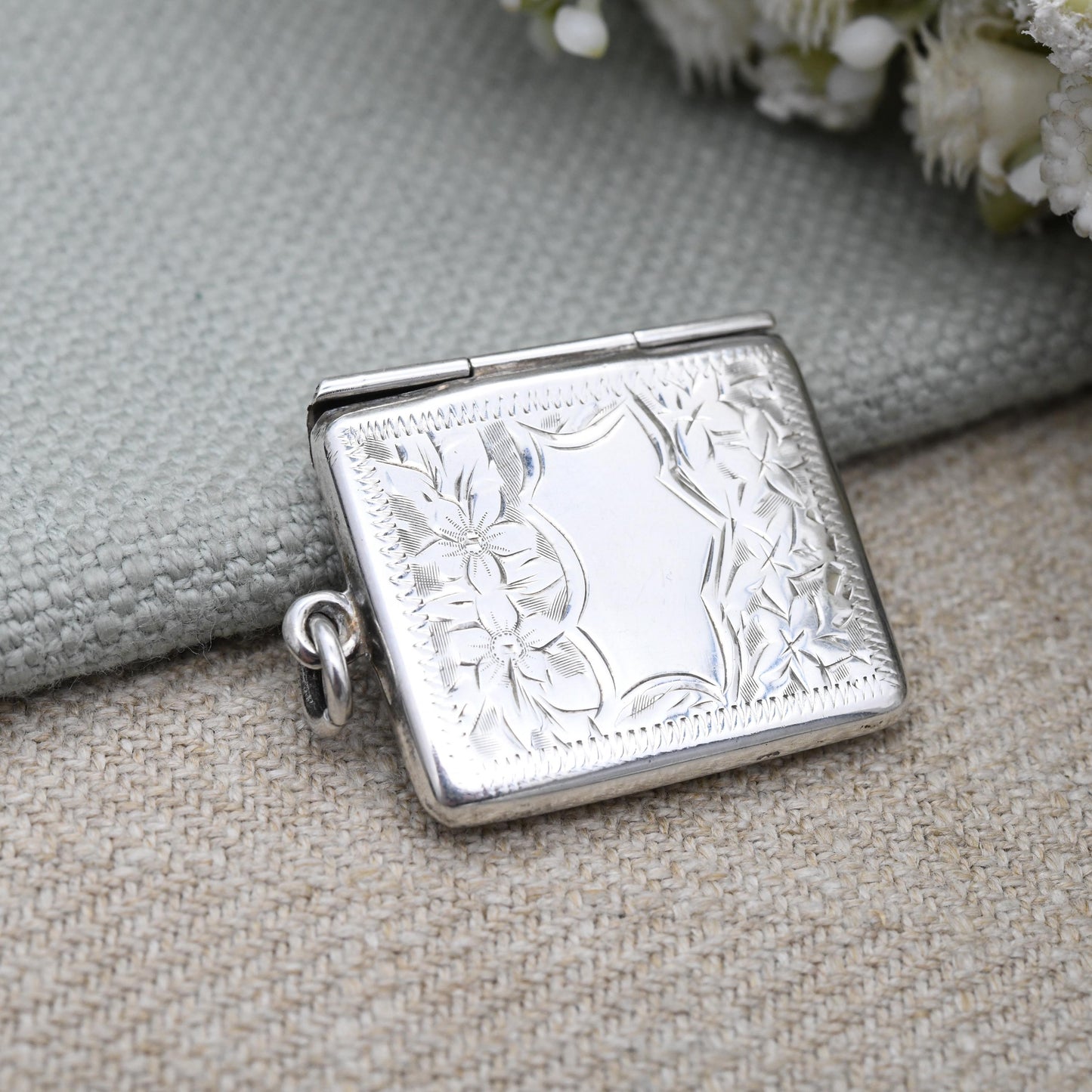 Antique Edwardian Sterling Silver Stamp Case Pendant 1911 by Albert Ernest Jenkins AEJ - Engraved Opening Envelope Shape | Chester Hallmarks
