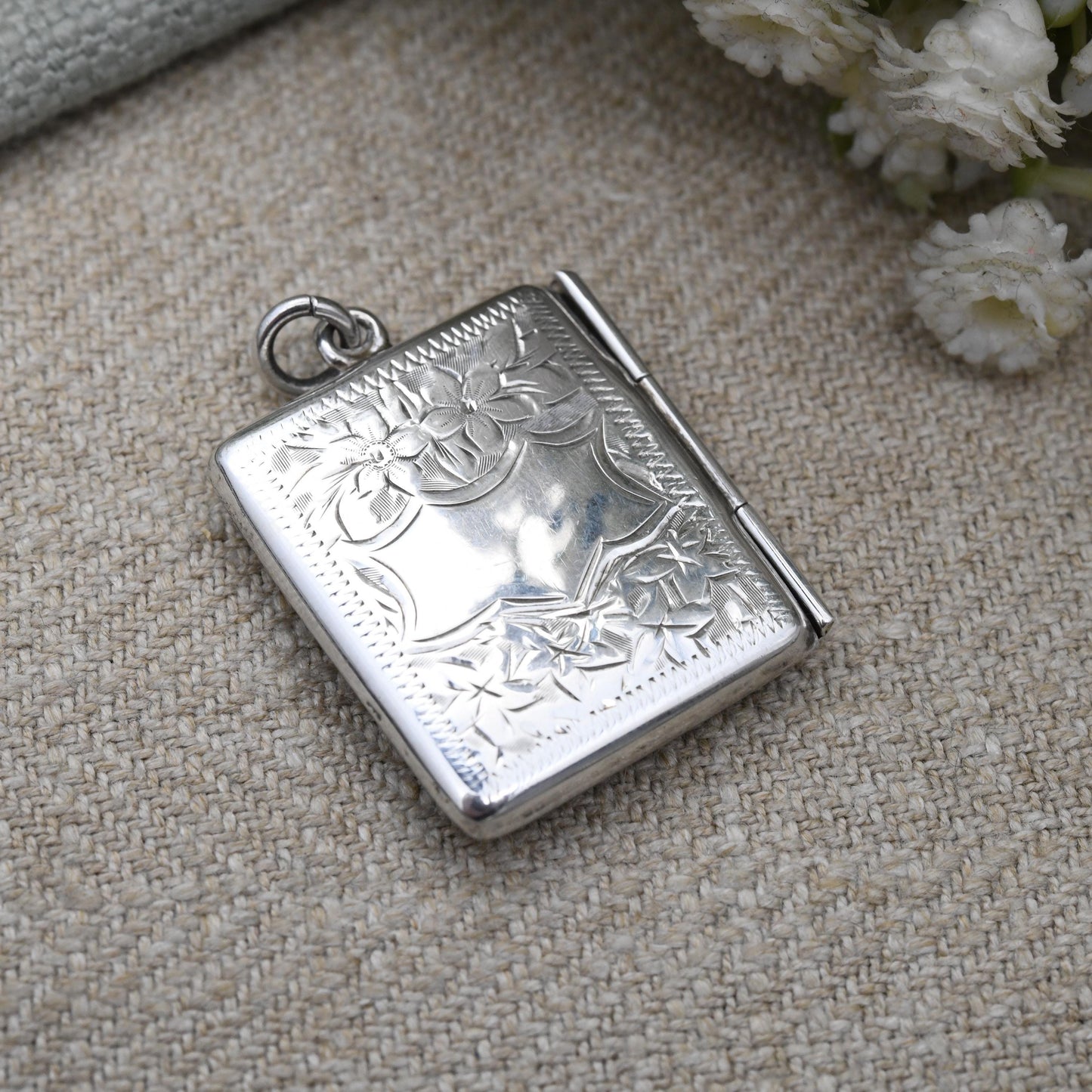 Antique Edwardian Sterling Silver Stamp Case Pendant 1911 by Albert Ernest Jenkins AEJ - Engraved Opening Envelope Shape | Chester Hallmarks
