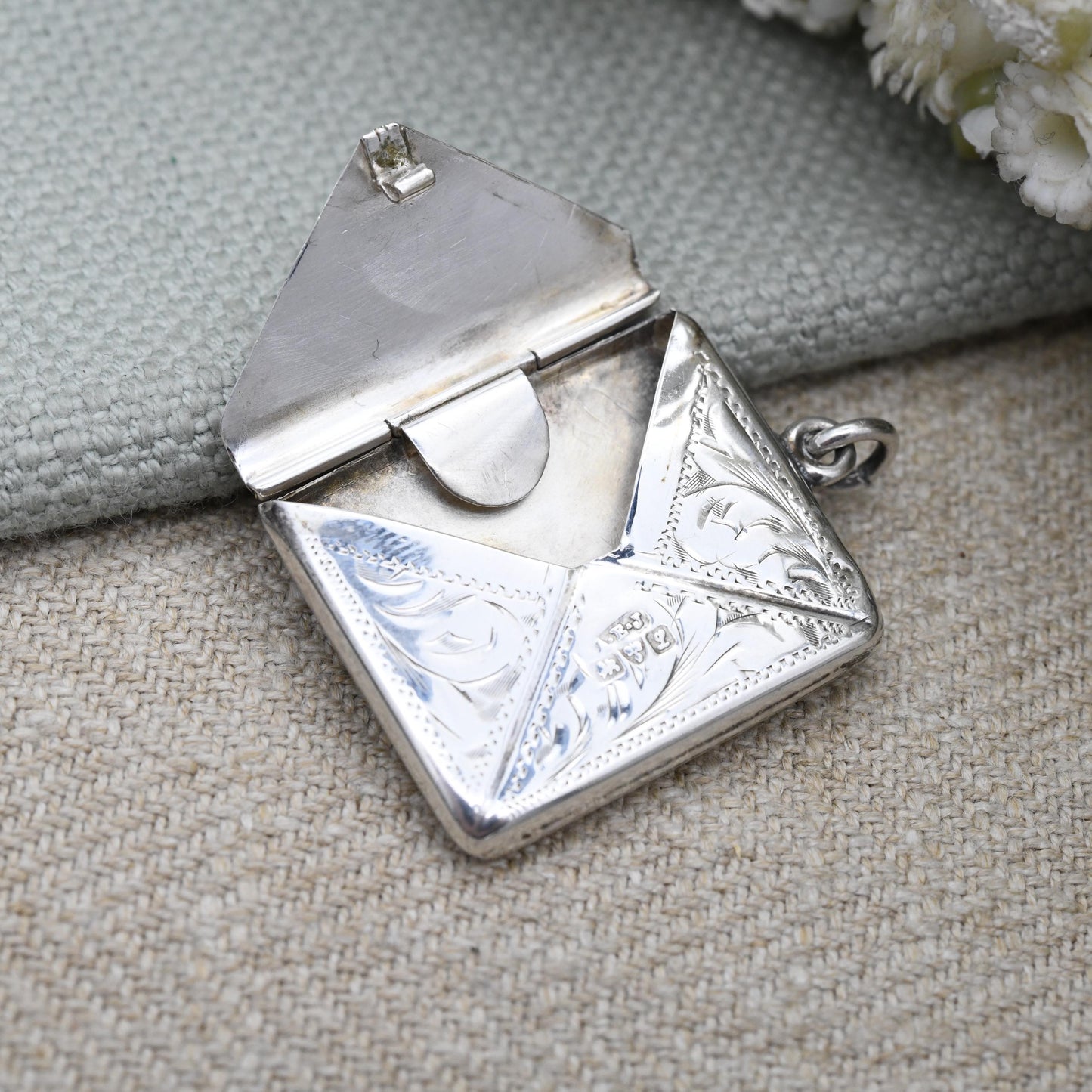 Antique Edwardian Sterling Silver Stamp Case Pendant 1911 by Albert Ernest Jenkins AEJ - Engraved Opening Envelope Shape | Chester Hallmarks