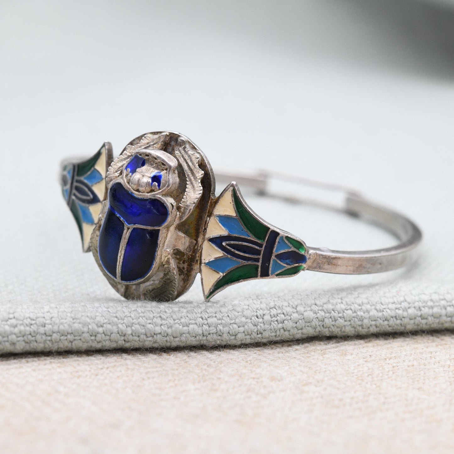 Vintage Egyptian Silver Scarab Beetle and Lotus Enamel Bangle Bracelet c. 1980s - Blue Green and White | Hand Engraved | Solid .800 Silver