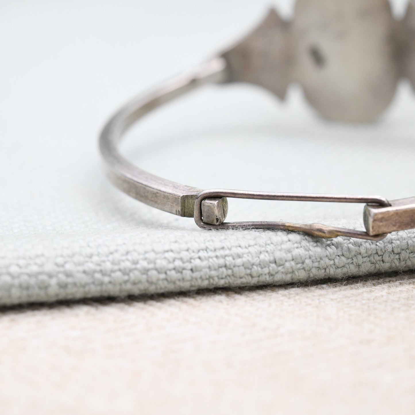 Vintage Egyptian Silver Scarab Beetle and Lotus Enamel Bangle Bracelet c. 1980s - Blue Green and White | Hand Engraved | Solid .800 Silver