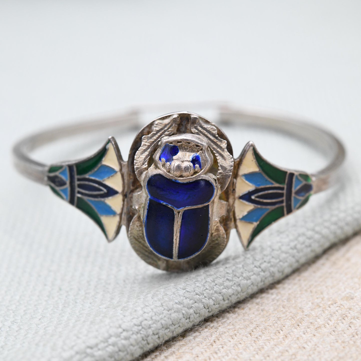 Vintage Egyptian Silver Scarab Beetle and Lotus Enamel Bangle Bracelet c. 1980s - Blue Green and White | Hand Engraved | Solid .800 Silver