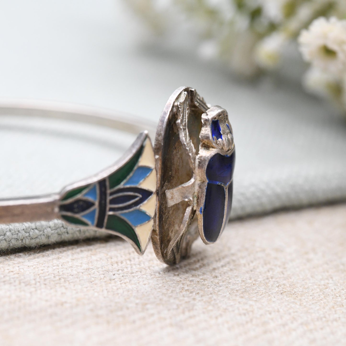 Vintage Egyptian Silver Scarab Beetle and Lotus Enamel Bangle Bracelet c. 1980s - Blue Green and White | Hand Engraved | Solid .800 Silver