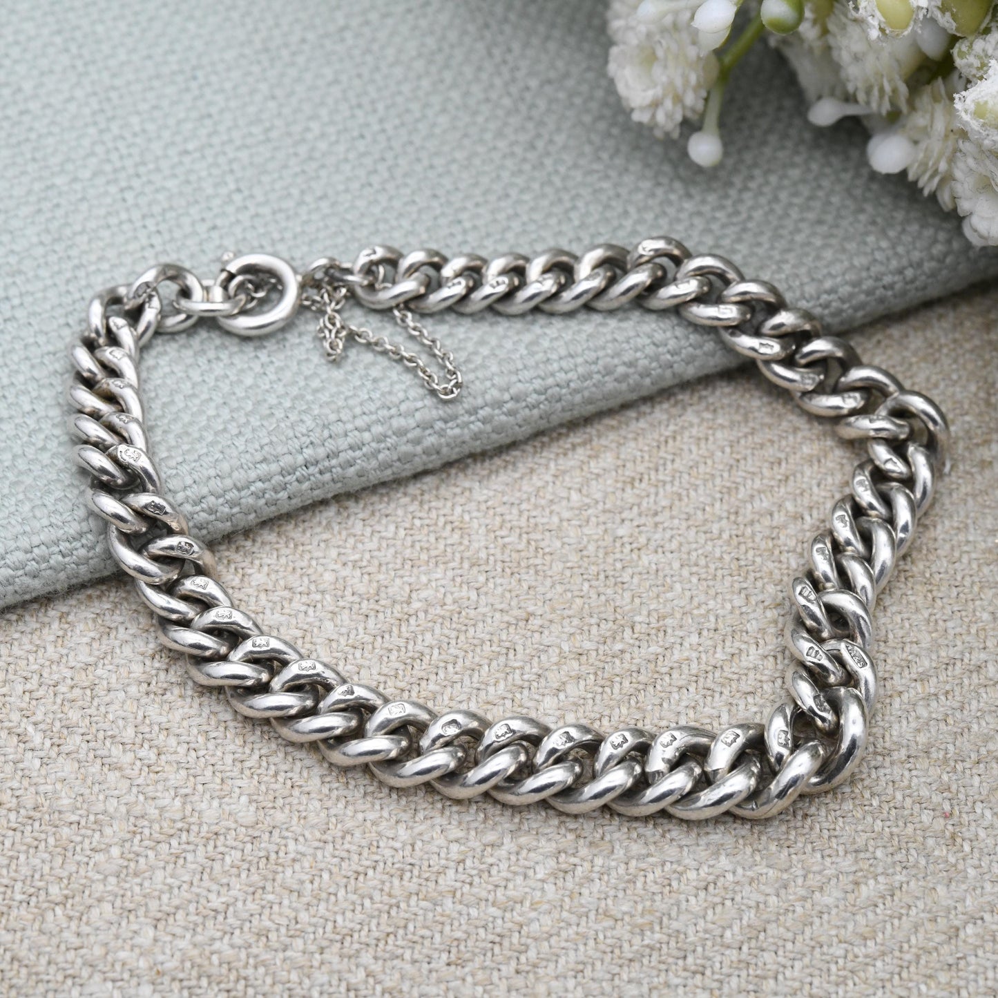 Antique Sterling Silver Curb Chain Bracelet c. 1910s - Graduated Rounded Curb Link | Every Link Stamped | Empty Charm Bracelet | Watch Chain