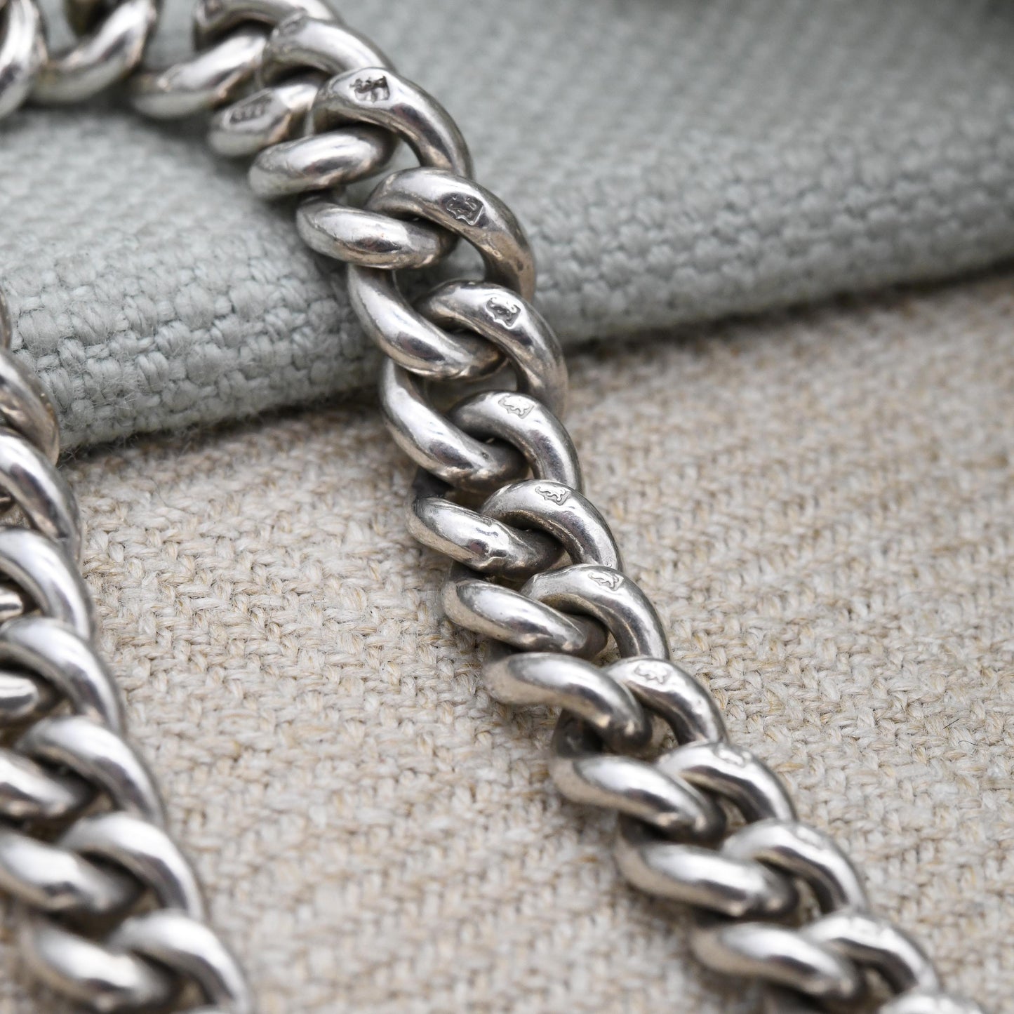 Antique Sterling Silver Curb Chain Bracelet c. 1910s - Graduated Rounded Curb Link | Every Link Stamped | Empty Charm Bracelet | Watch Chain