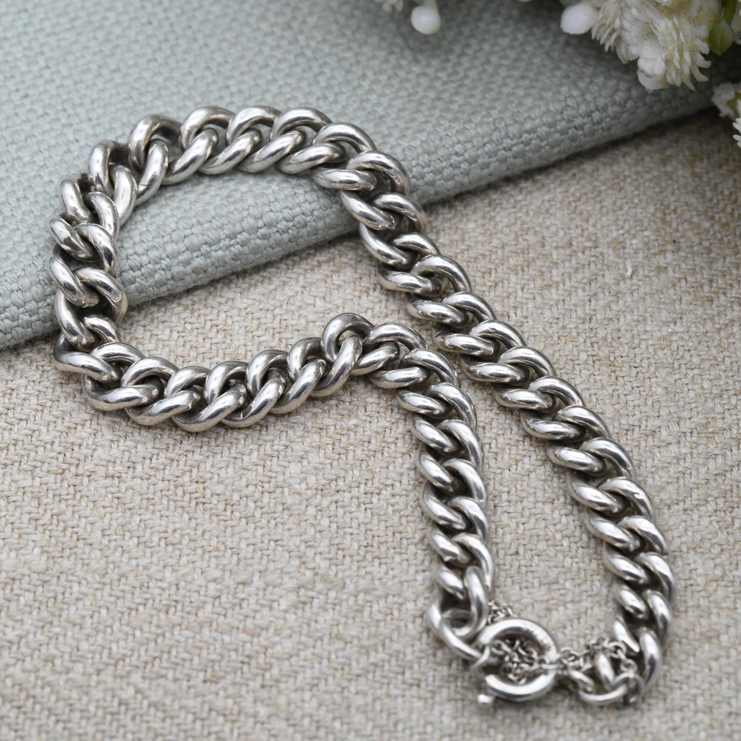Antique Sterling Silver Curb Chain Bracelet c. 1910s - Graduated Rounded Curb Link | Every Link Stamped | Empty Charm Bracelet | Watch Chain