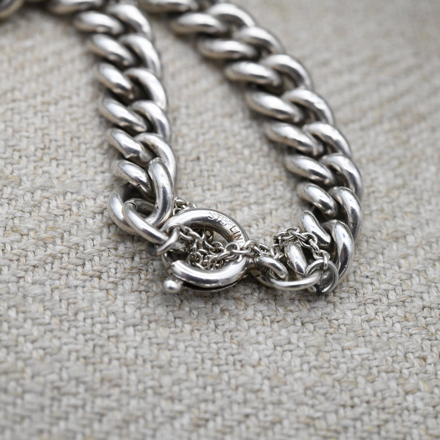 Antique Sterling Silver Curb Chain Bracelet c. 1910s - Graduated Rounded Curb Link | Every Link Stamped | Empty Charm Bracelet | Watch Chain