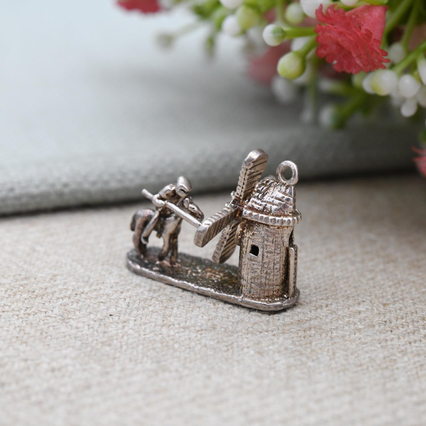Vintage Sterling Silver Don Quixote Charm Pendant Knight Fighting Windmill - Miguel de Cervantes Theme | Jousting the Giants Jewellery