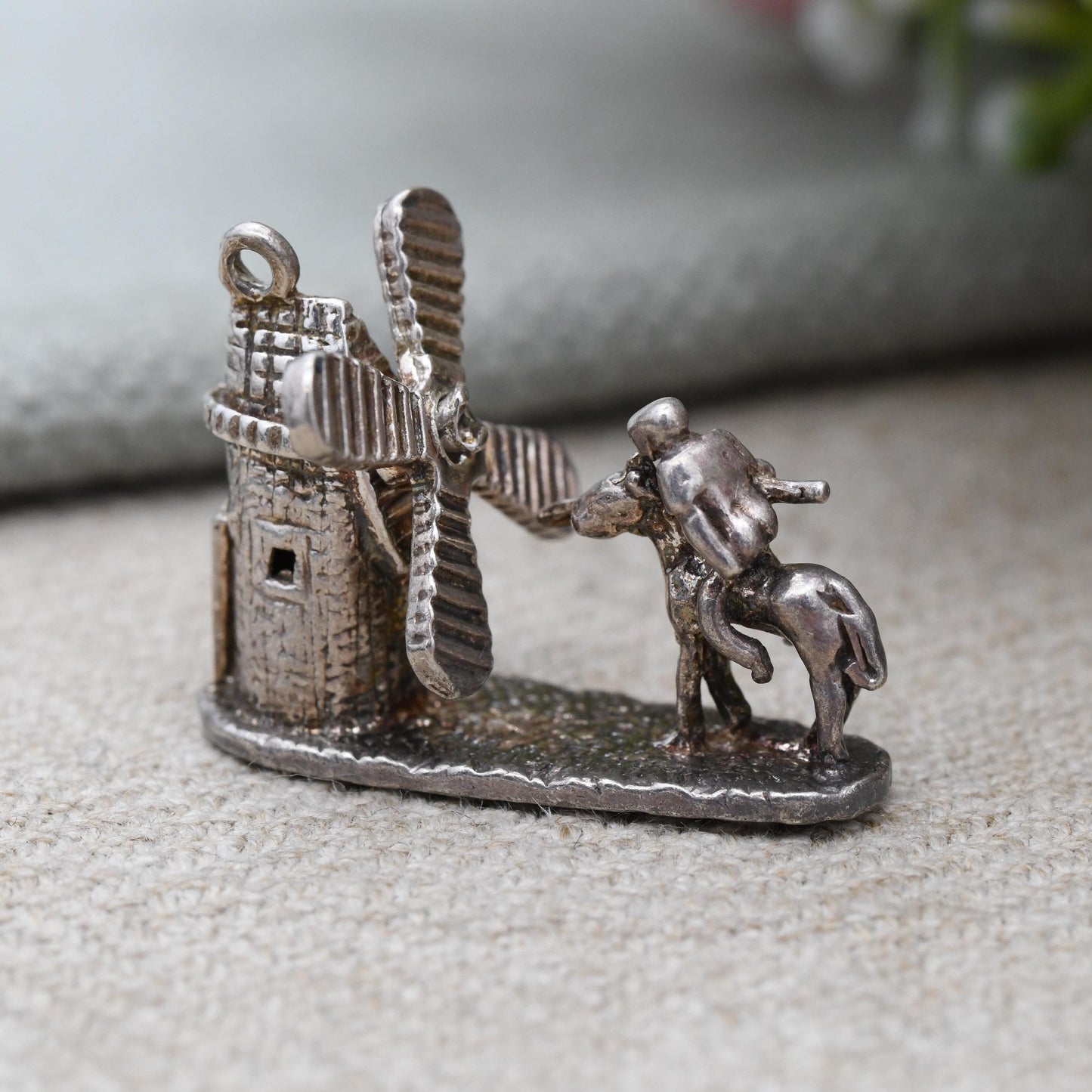 Vintage Sterling Silver Don Quixote Charm Pendant Knight Fighting Windmill - Miguel de Cervantes Theme | Jousting the Giants Jewellery