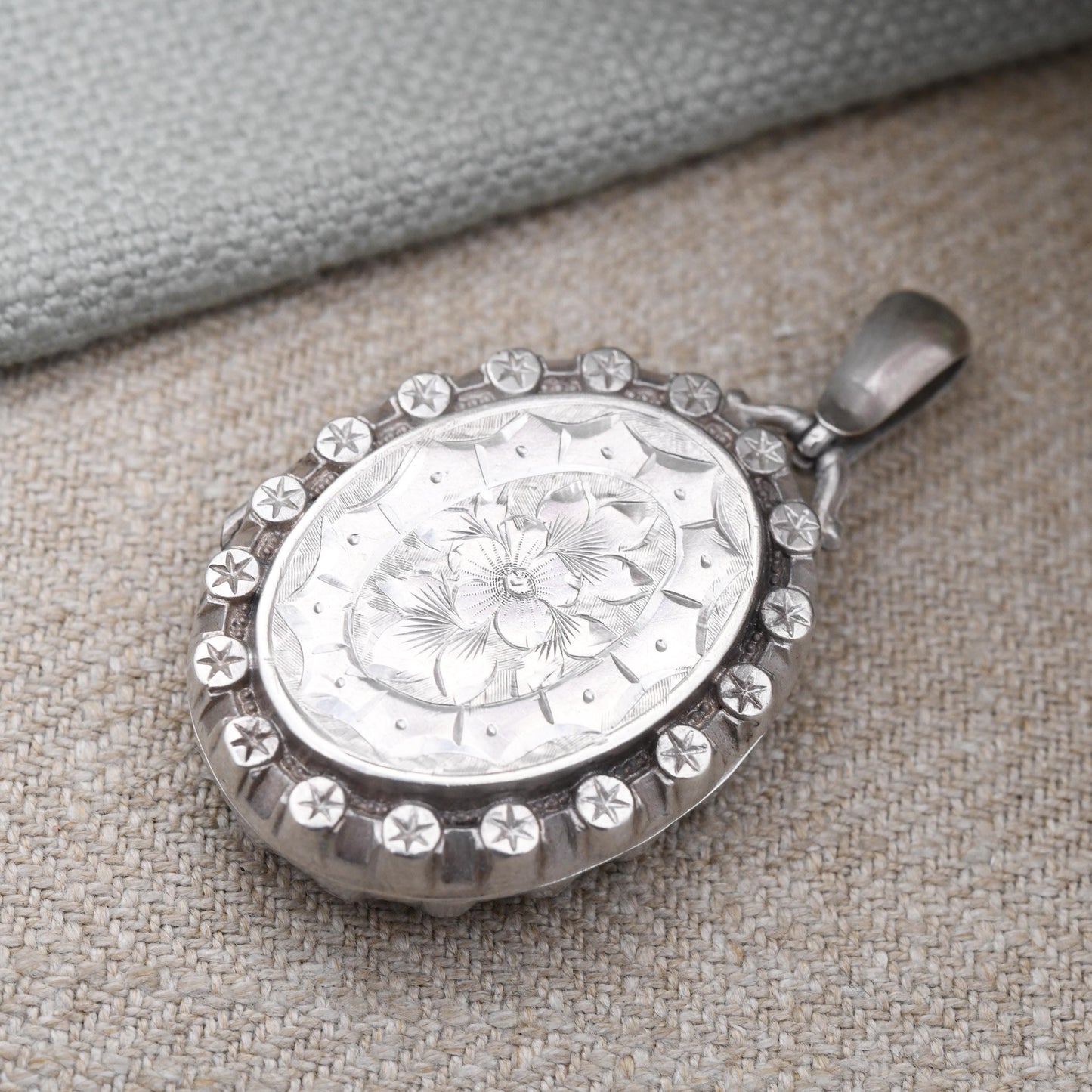 Antique Victorian Sterling Silver Locket 1884 with Flower and Star Design - Hand Engraved Aesthetic Movement Oval Pendant Hallmarked Silver