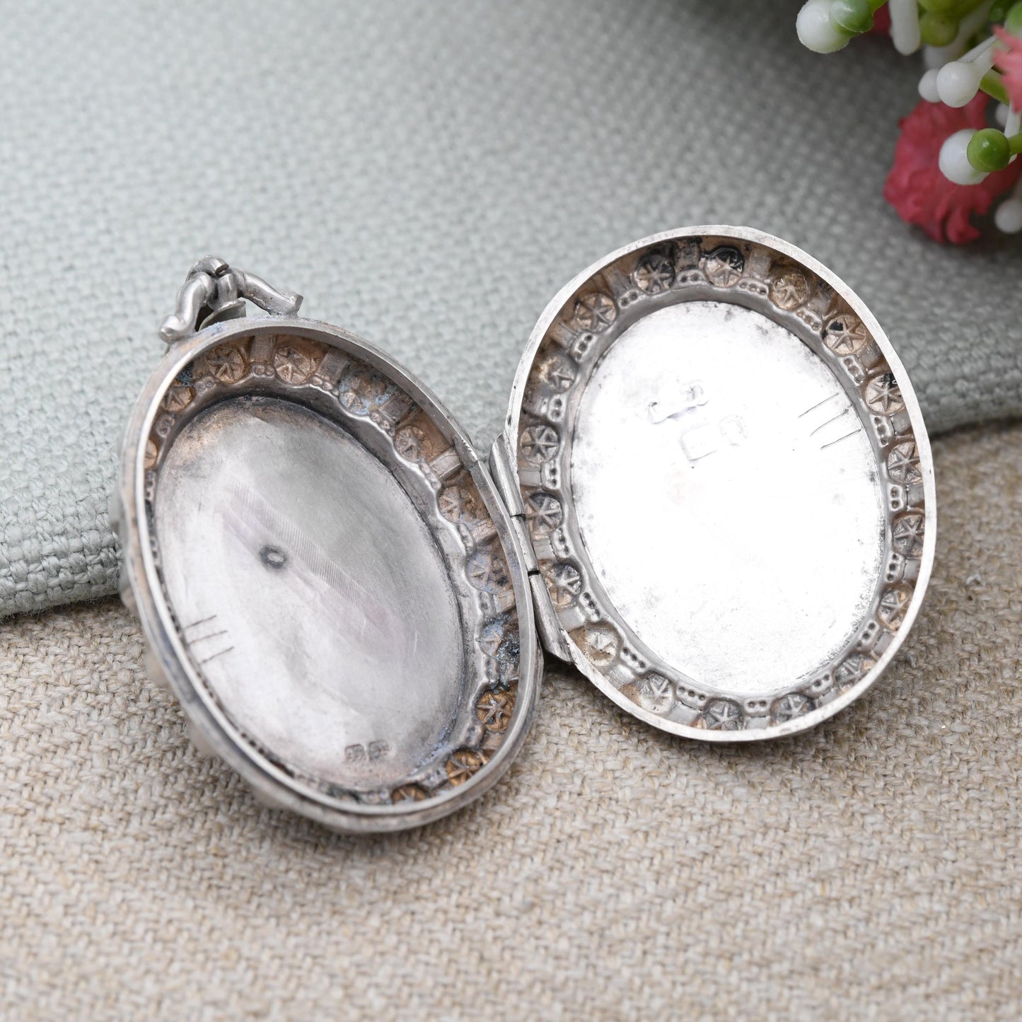 Antique Victorian Sterling Silver Locket 1884 with Flower and Star Design - Hand Engraved Aesthetic Movement Oval Pendant Hallmarked Silver