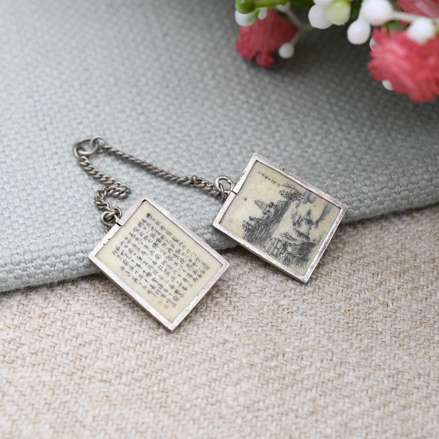 Antique Chinese Scrimshaw Bone Pendant with Buddhist Text and Scene Engraved - Miniature Scapular Devotional Religious Chinese Export c 1900