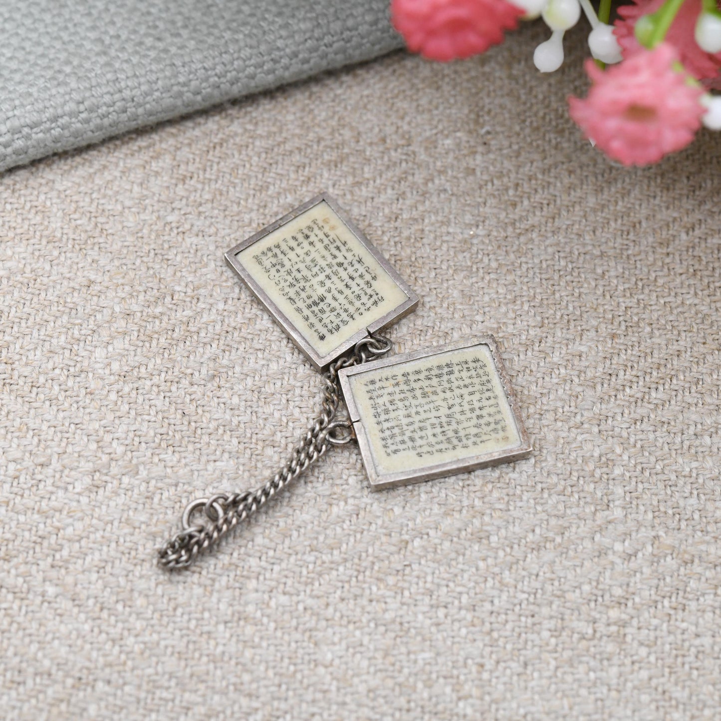 Antique Chinese Scrimshaw Bone Pendant with Buddhist Text and Scene Engraved - Miniature Scapular Devotional Religious Chinese Export c 1900