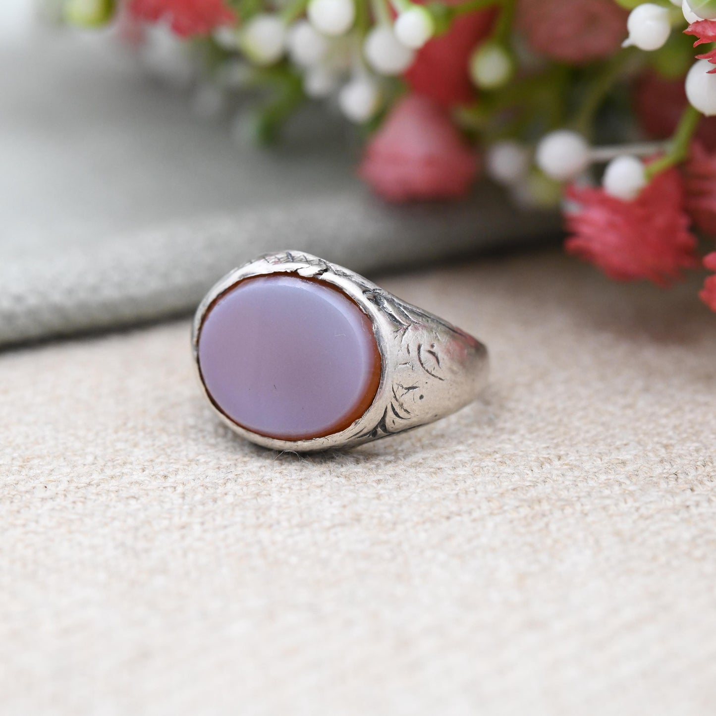 Antique Silver Sardonyx Signet Ring - Hand Engraved Design Unisex Chunky Silver Jewellery Small Pinkie | UK Size - K 1/2 | US Size - 5 1/2
