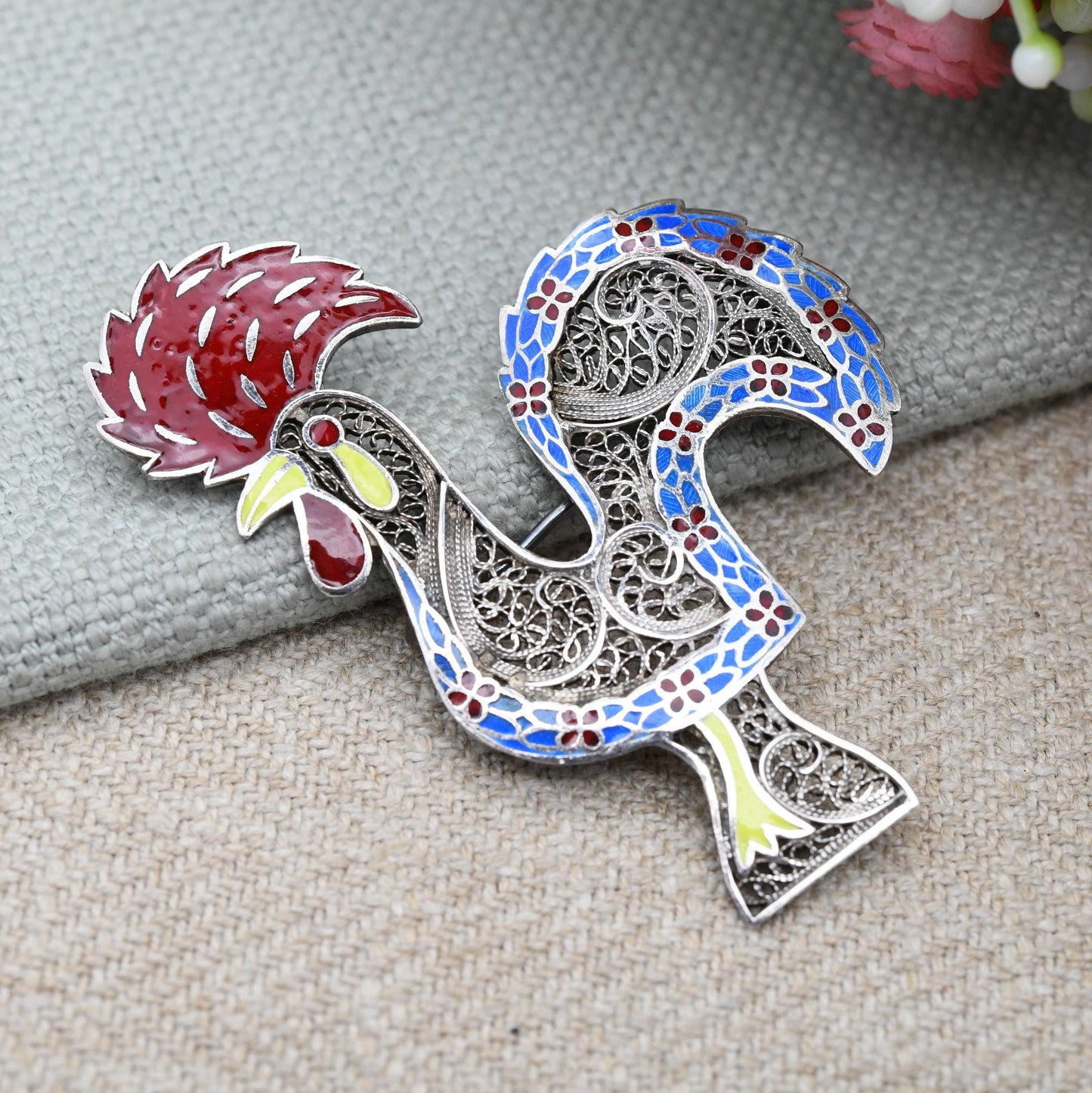 Vintage Silver Enamel Rooster of Barcelos Brooch Portuguese Chicken - Large Colourful Painted Cockerel Wirework Jewellery | c. 1950s Europe
