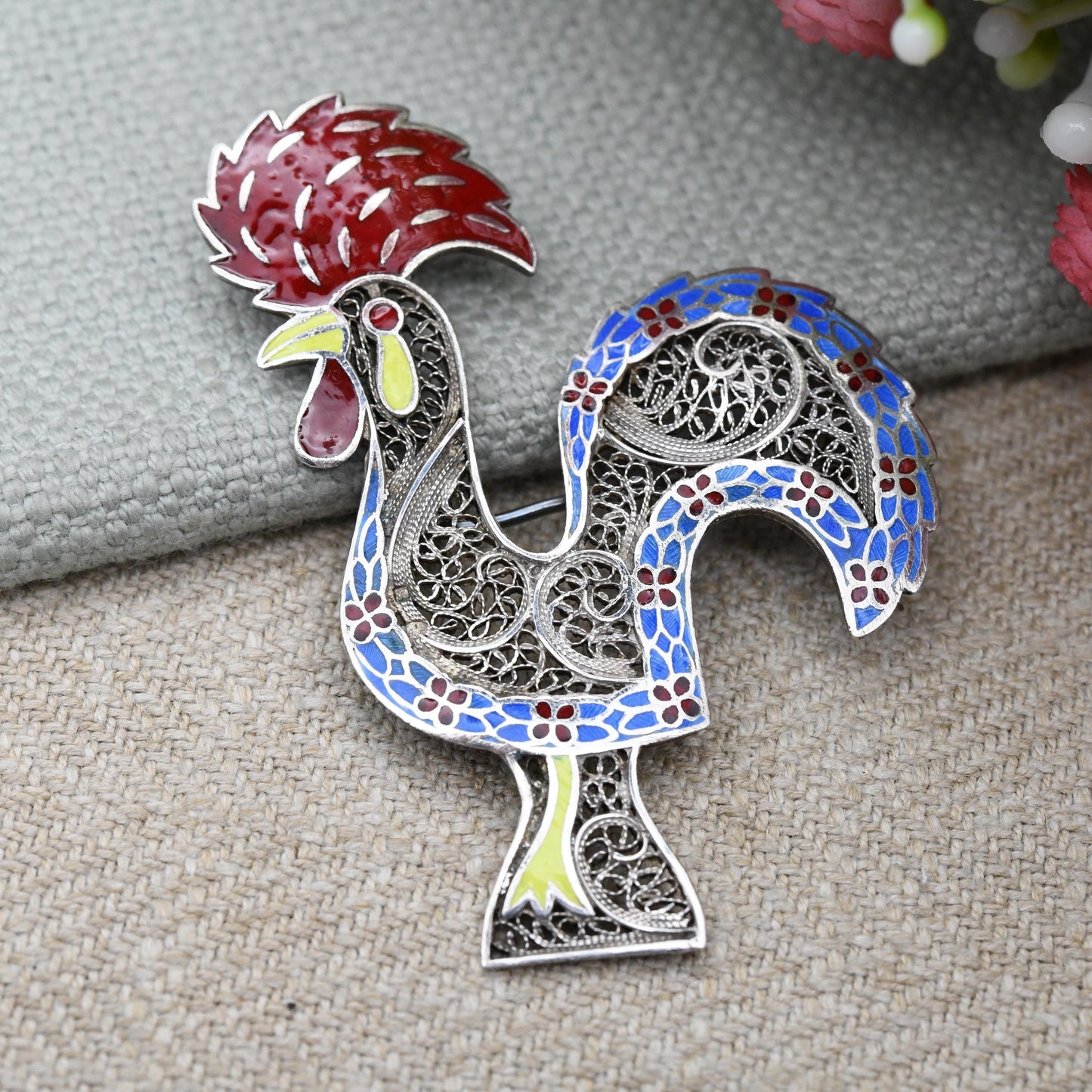 Vintage Silver Enamel Rooster of Barcelos Brooch Portuguese Chicken - Large Colourful Painted Cockerel Wirework Jewellery | c. 1950s Europe