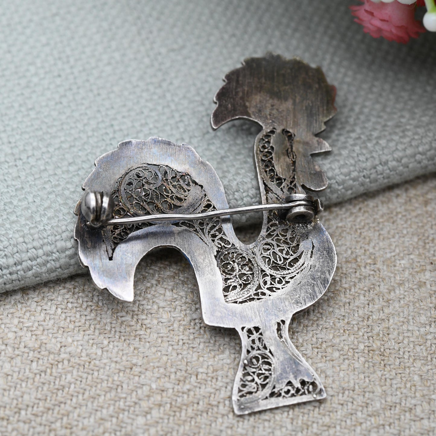 Vintage Silver Enamel Rooster of Barcelos Brooch Portuguese Chicken - Large Colourful Painted Cockerel Wirework Jewellery | c. 1950s Europe