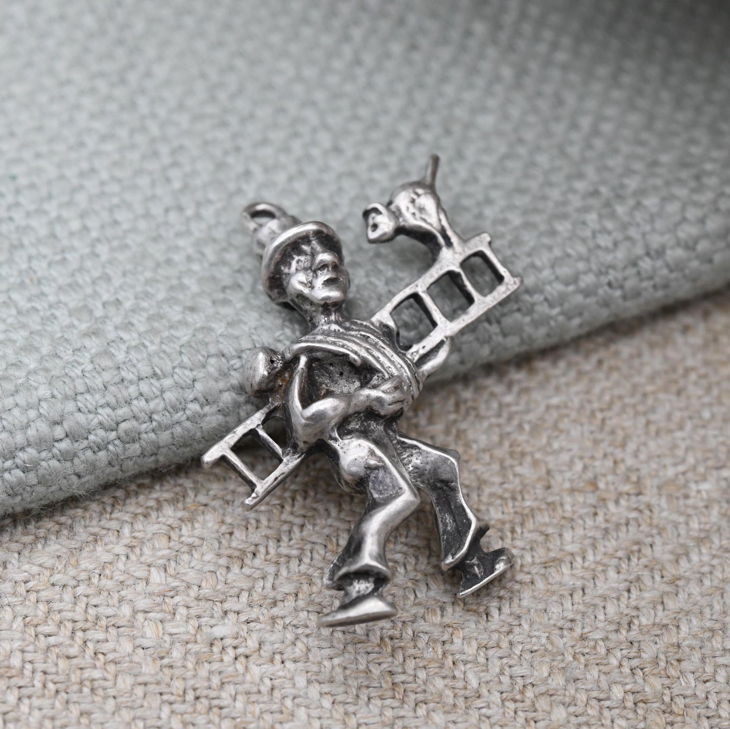 Vintage Sterling Silver Man Carrying Ladder Charm Pendant Lucky Chimney Sweep - Cat on a Ladder Silver Charm | Cartoon Style Window Cleaner