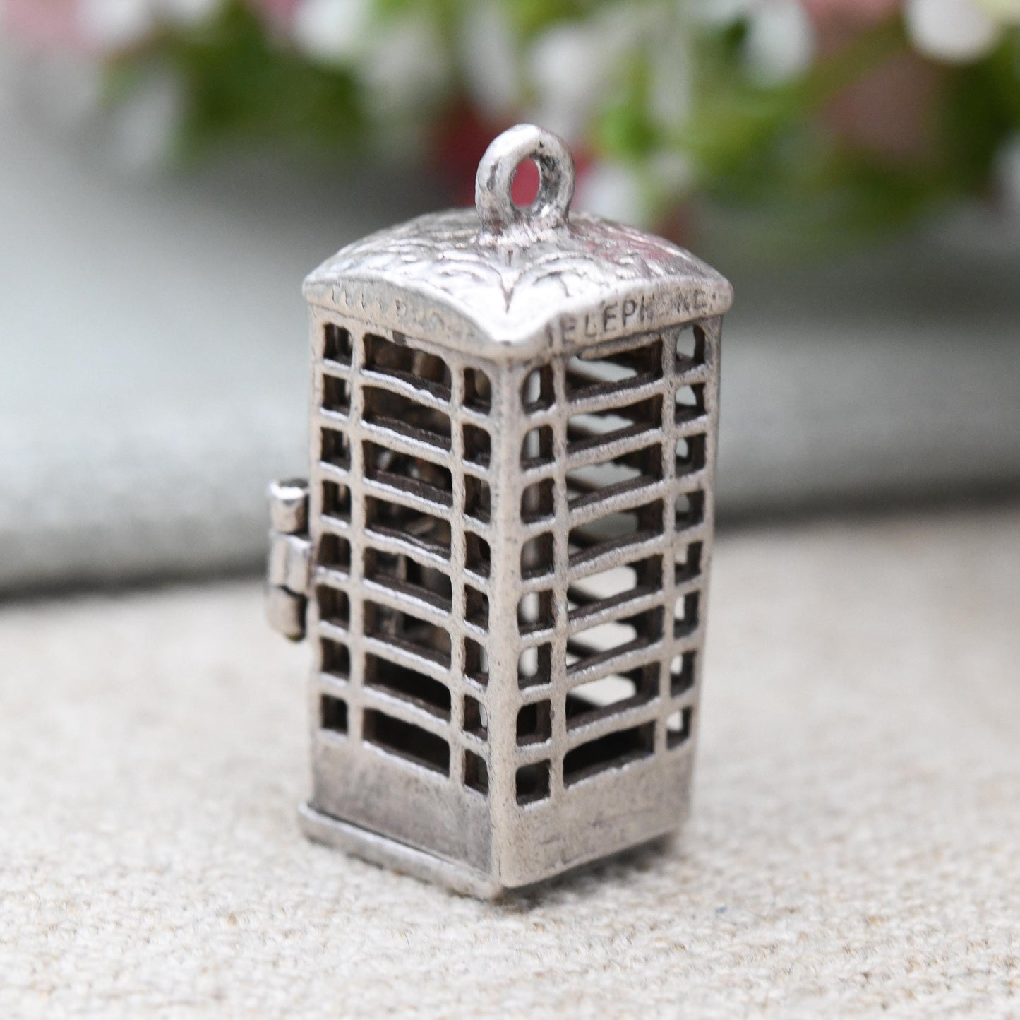Vintage Sterling Silver Telephone Booth Charm Pendant c. 1970s - Detailed Opening Door Articulated Charm | Old British Public Pay Phone Box