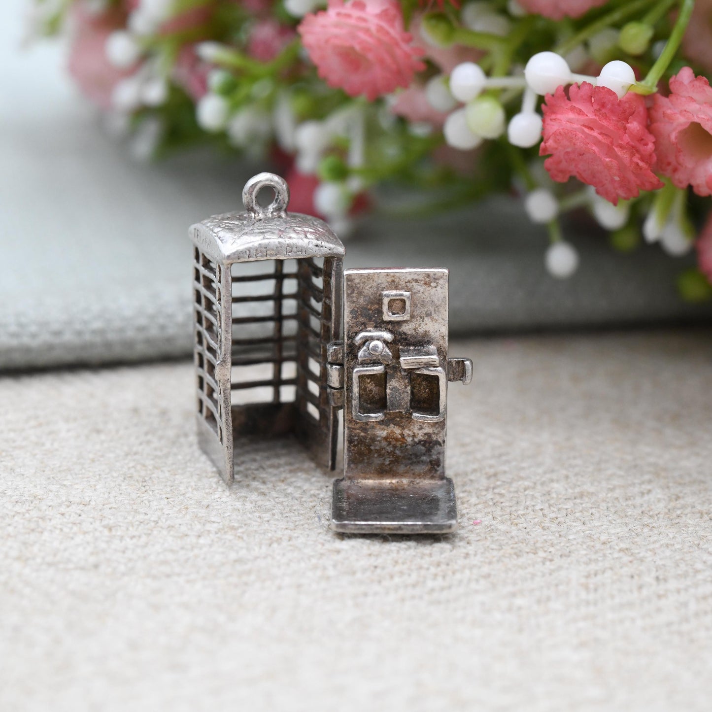 Vintage Sterling Silver Telephone Booth Charm Pendant c. 1970s - Detailed Opening Door Articulated Charm | Old British Public Pay Phone Box
