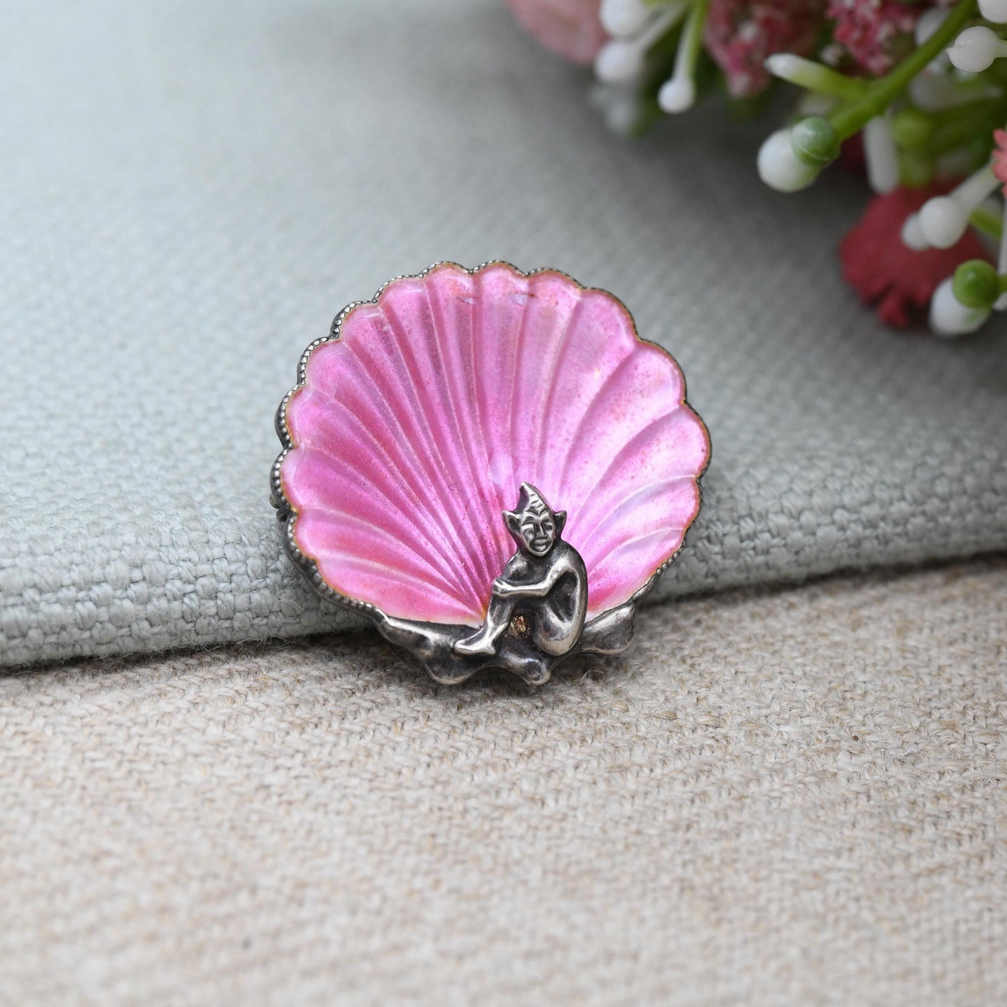 Antique Sterling Silver Pink Shell Cornish Pixie Brooch - c. 1920s 1930s Art Deco Period | Bright Colourful Enamel | Made in England