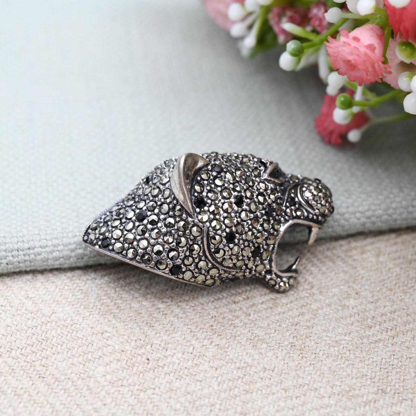 Vintage Italian Silver Panther Brooch Marcasite Big Cat Face with Green Eye - Sparkly Statement Figural Animal Jewellery Nature Lover Gift