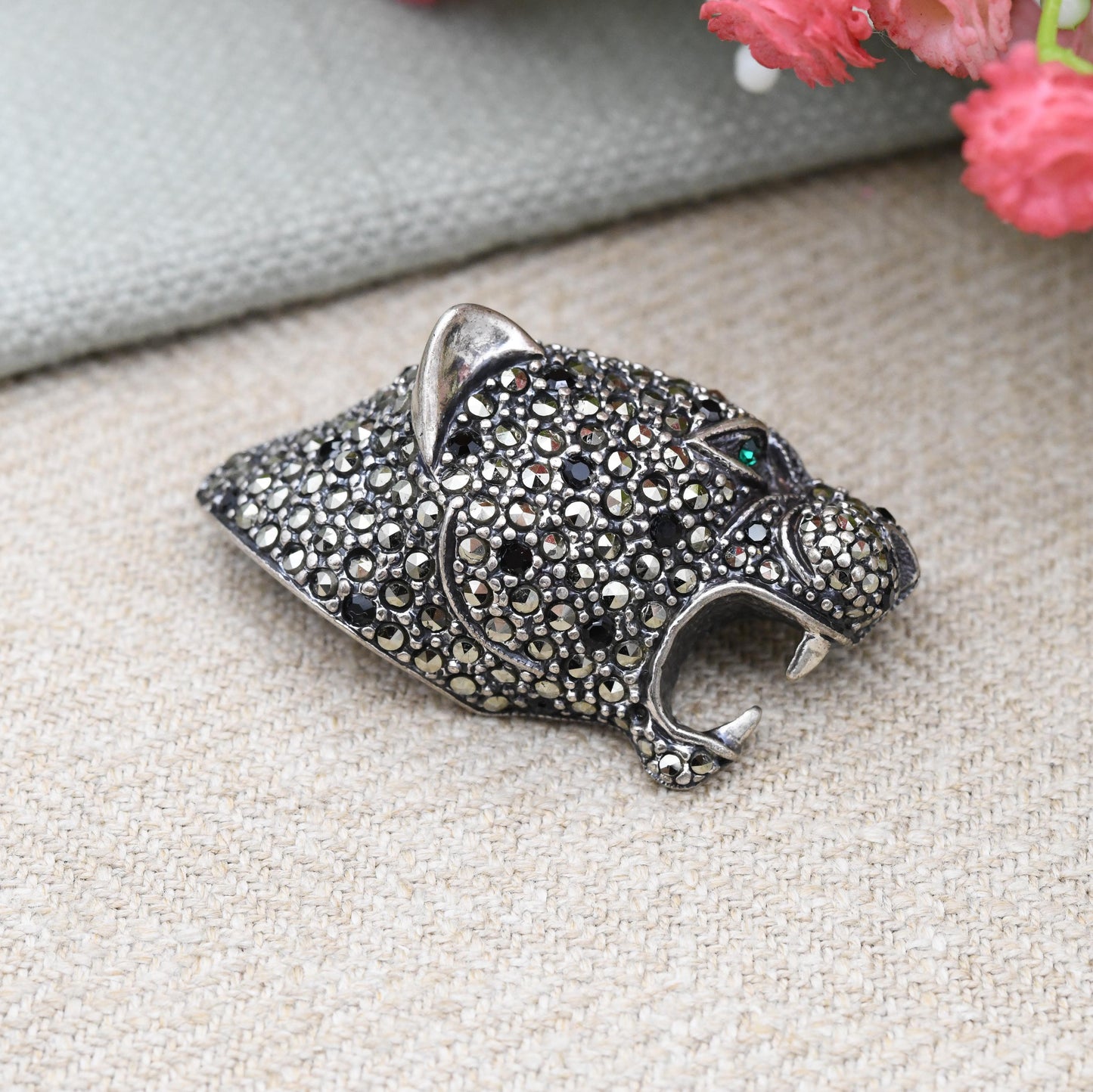 Vintage Italian Silver Panther Brooch Marcasite Big Cat Face with Green Eye - Sparkly Statement Figural Animal Jewellery Nature Lover Gift