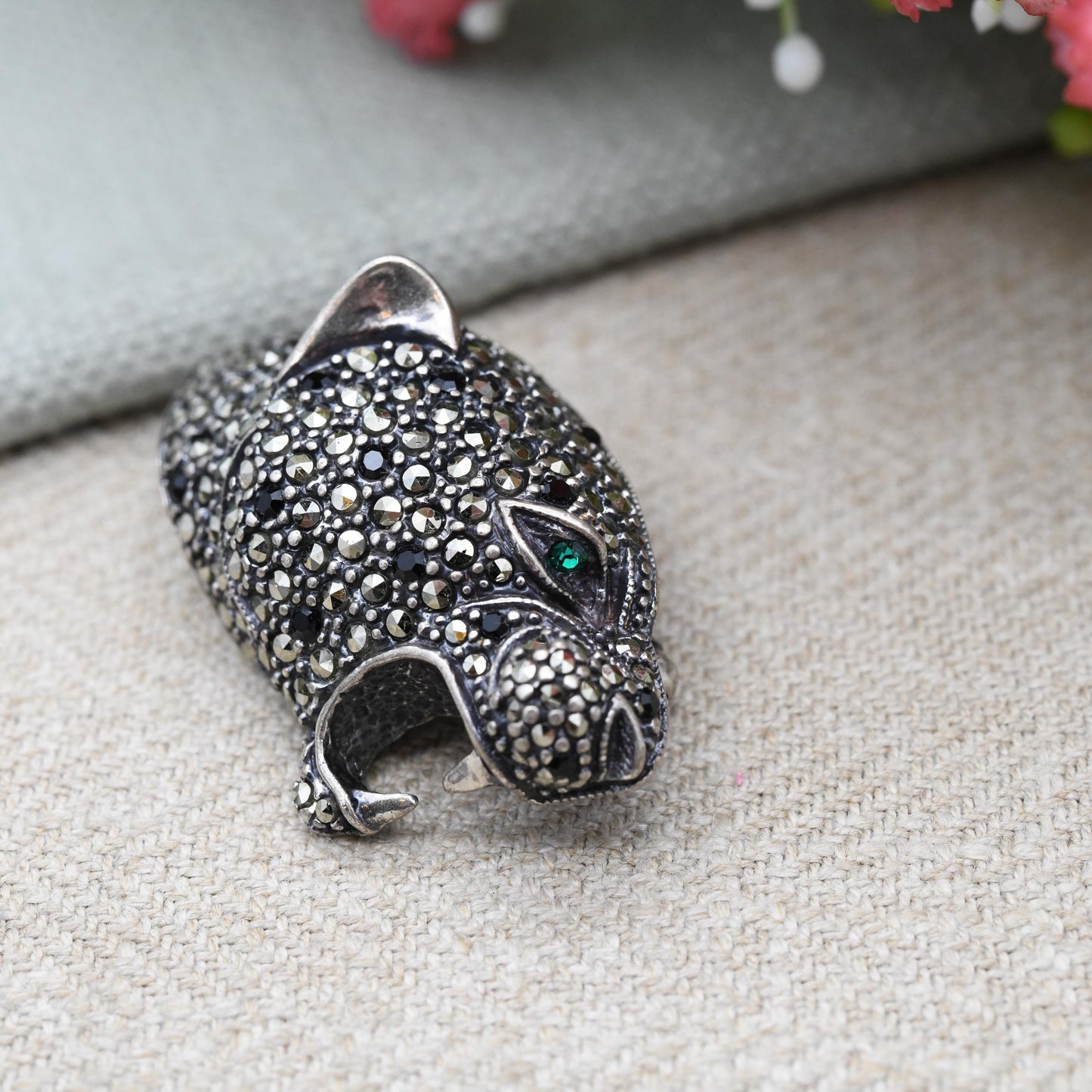 Vintage Italian Silver Panther Brooch Marcasite Big Cat Face with Green Eye - Sparkly Statement Figural Animal Jewellery Nature Lover Gift
