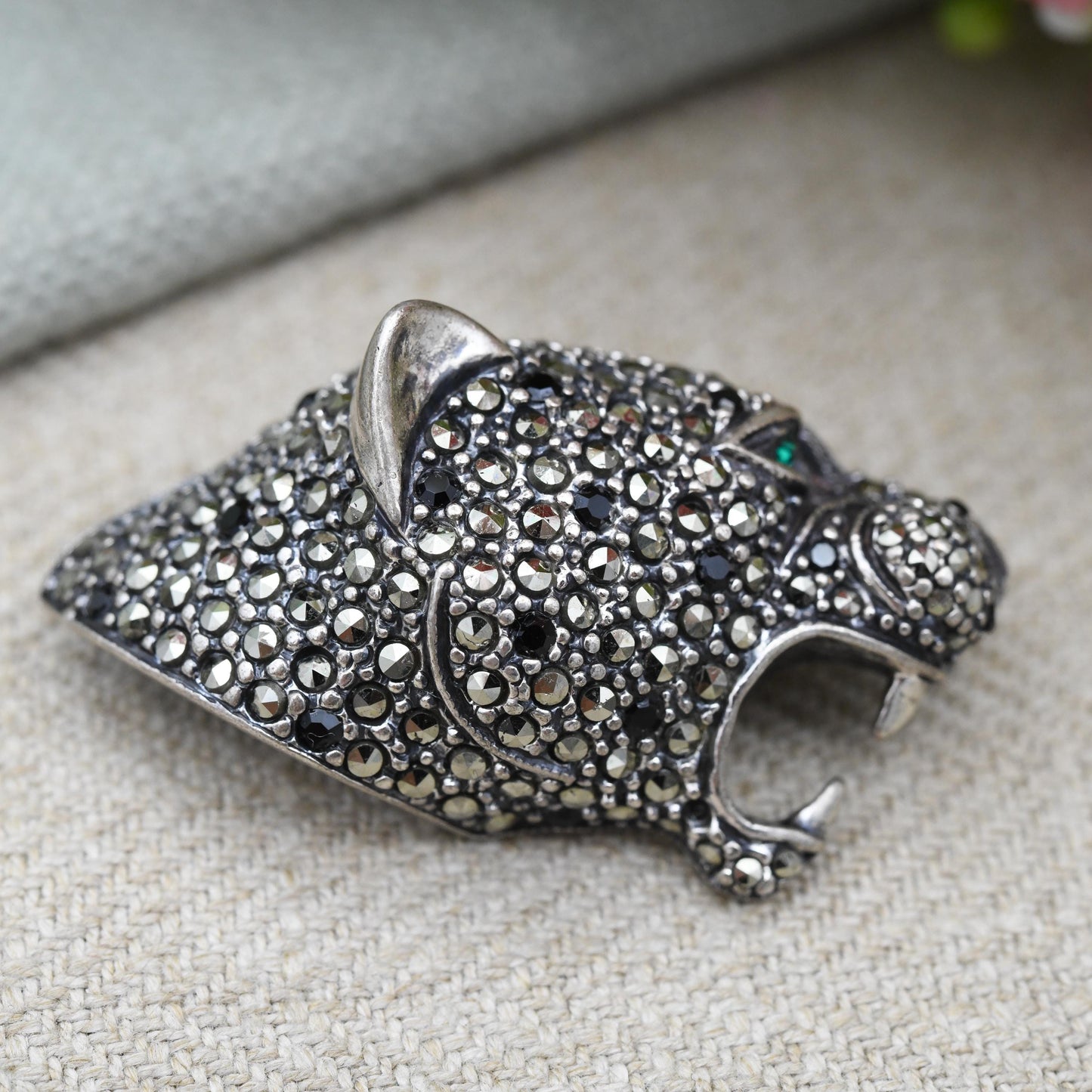 Vintage Italian Silver Panther Brooch Marcasite Big Cat Face with Green Eye - Sparkly Statement Figural Animal Jewellery Nature Lover Gift