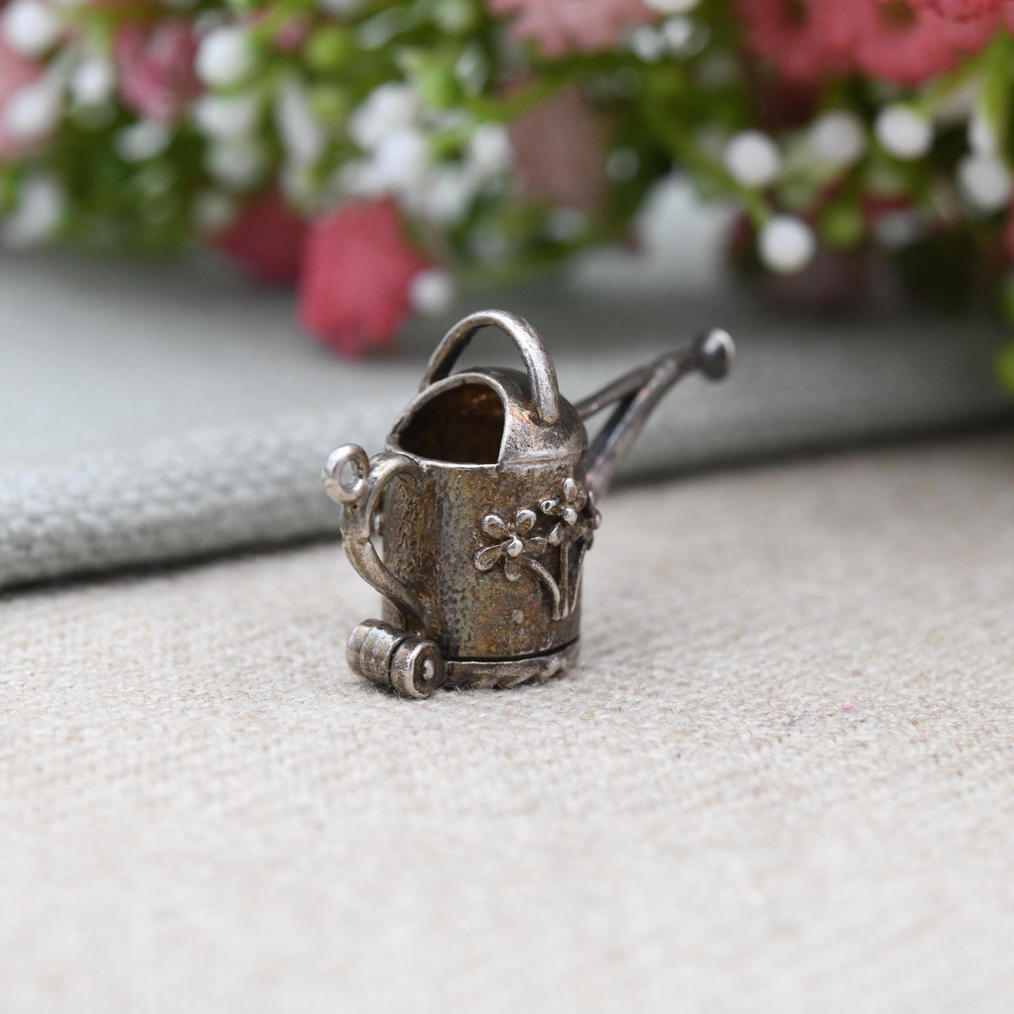 Vintage Sterling Silver Opening Watering Can Charm Pendant with Flower Inside - Pretty Florals | Opens to Reveal Flowers | Gift for Gardener