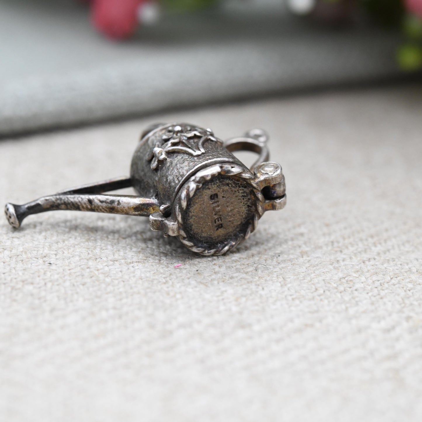 Vintage Sterling Silver Opening Watering Can Charm Pendant with Flower Inside - Pretty Florals | Opens to Reveal Flowers | Gift for Gardener