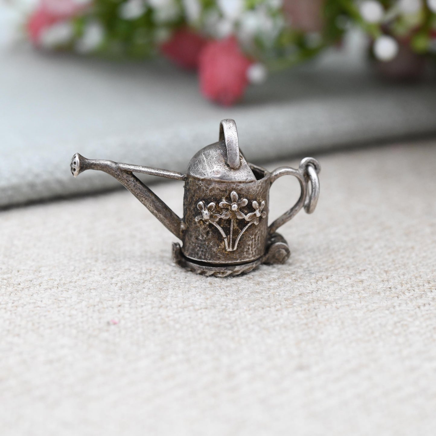 Vintage Sterling Silver Opening Watering Can Charm Pendant with Flower Inside - Pretty Florals | Opens to Reveal Flowers | Gift for Gardener