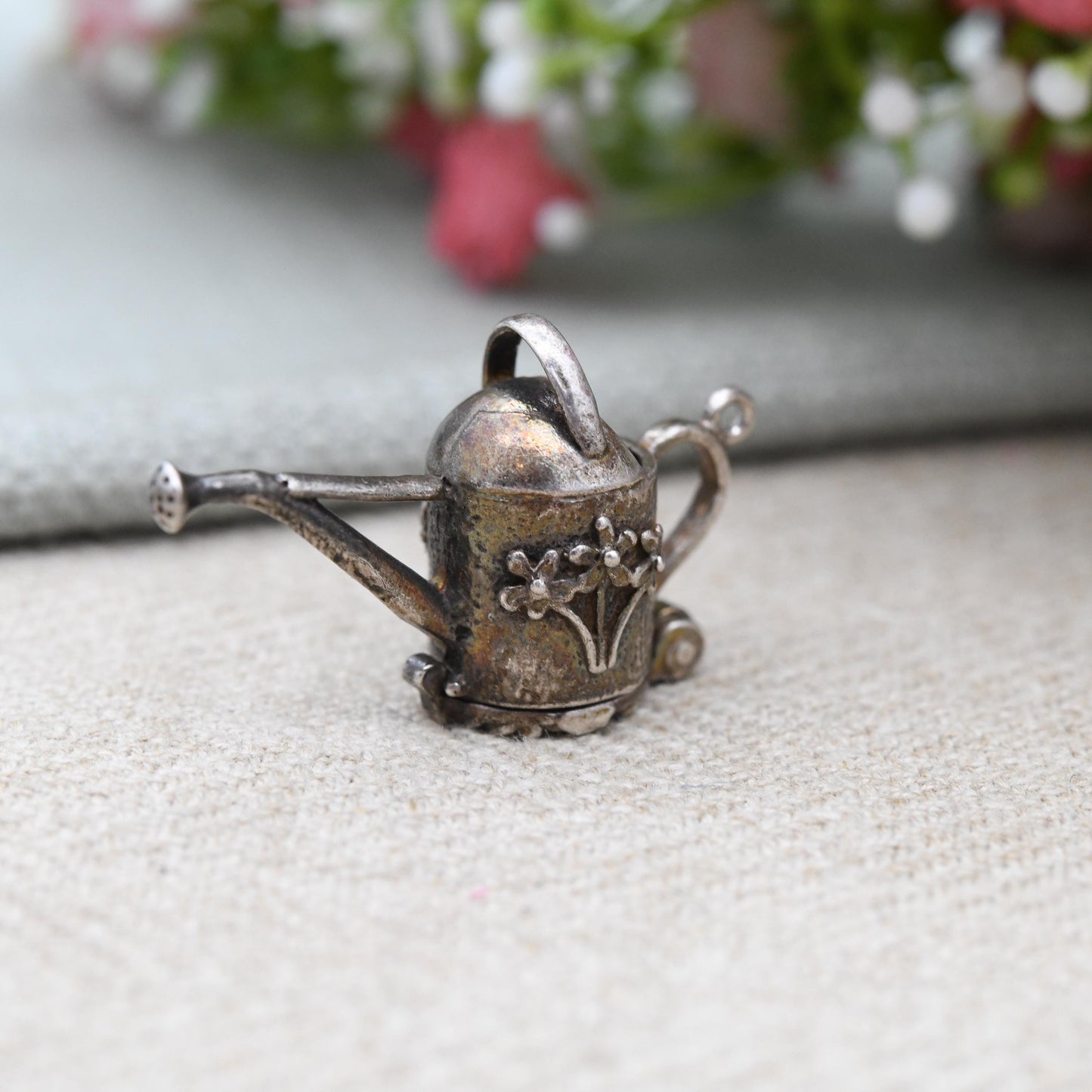 Vintage Sterling Silver Opening Watering Can Charm Pendant with Flower Inside - Pretty Florals | Opens to Reveal Flowers | Gift for Gardener
