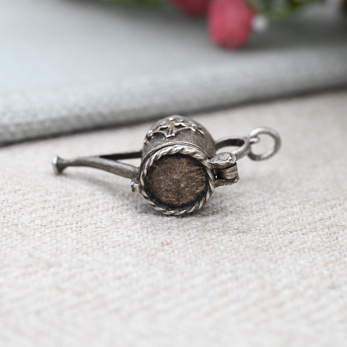 Vintage Sterling Silver Opening Watering Can Charm Pendant with Flower Inside - Pretty Florals | Opens to Reveal Flowers | Gift for Gardener