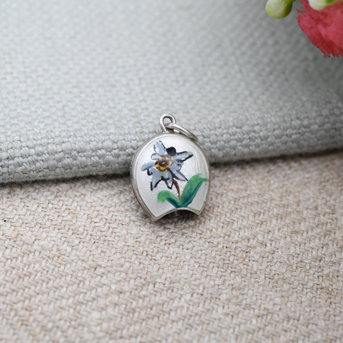 Vintage European Silver Cow Bell Charm Pendant with Enamel Flower - White Blue and Green Floral Bell Charm Bracelet | with Moving Tongue