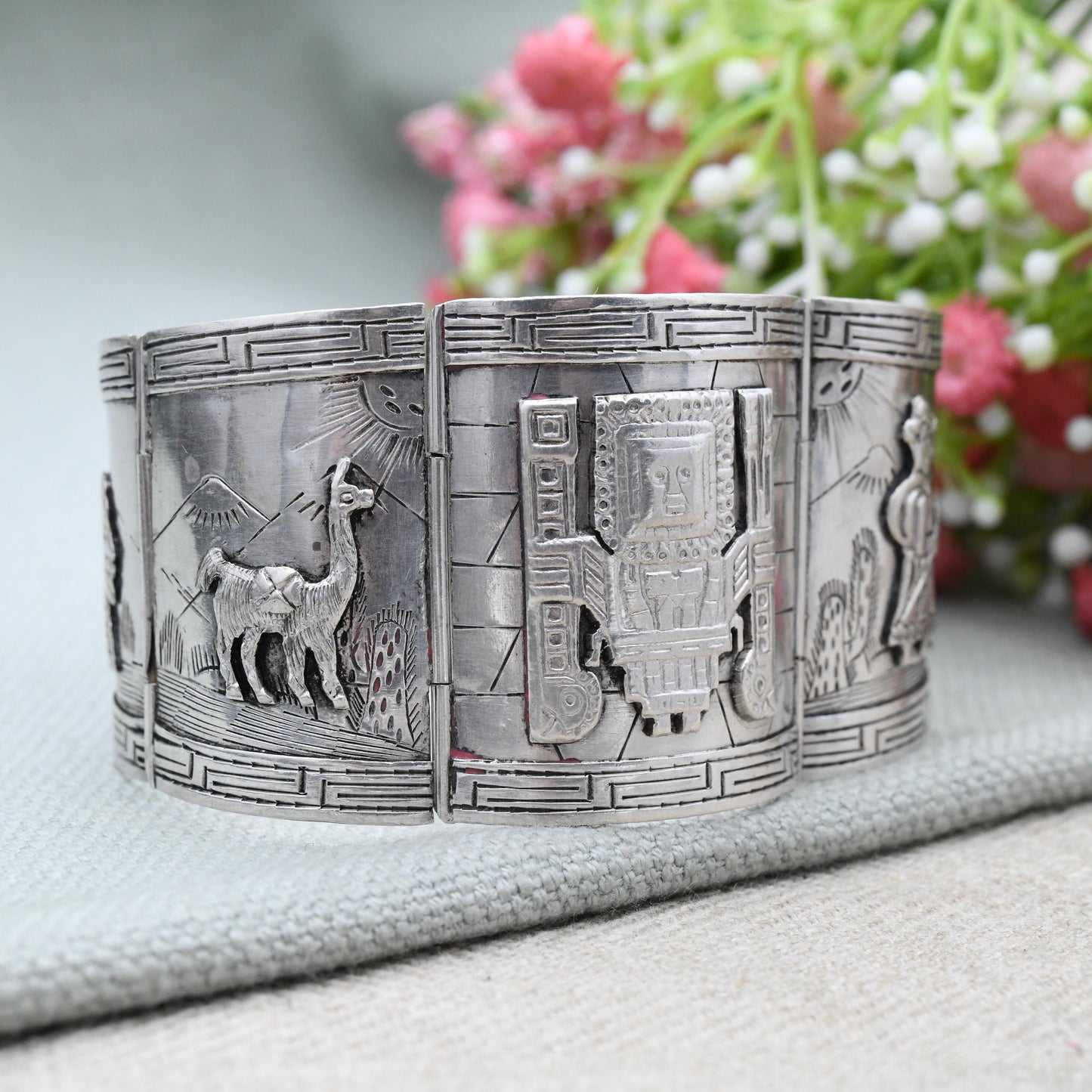 Vintage Peruvian Sterling Silver Bracelet Engraved Relief Panels - Souvenir Scenes Llama Alpaca Working People Detailed | Slide Box Clasp
